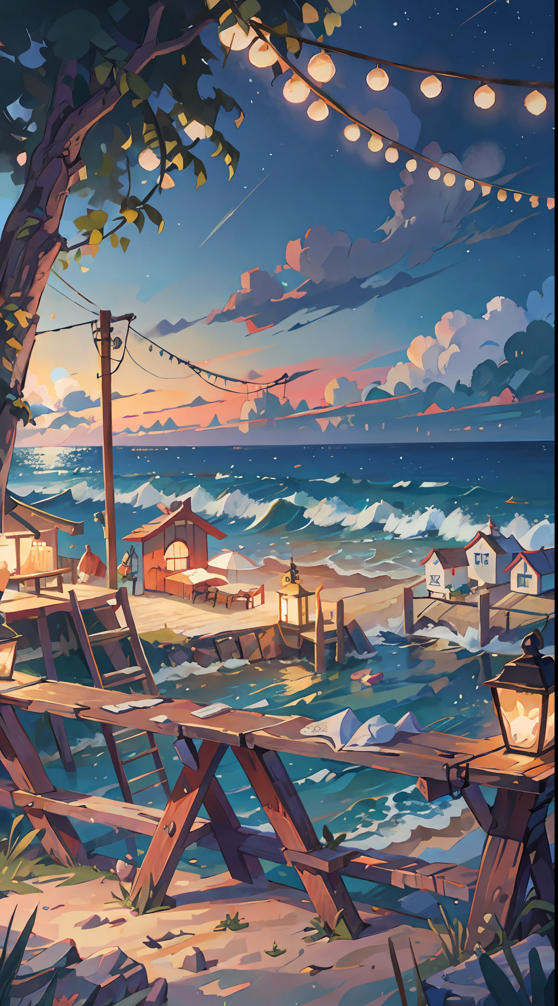 Seaside town, beach, night