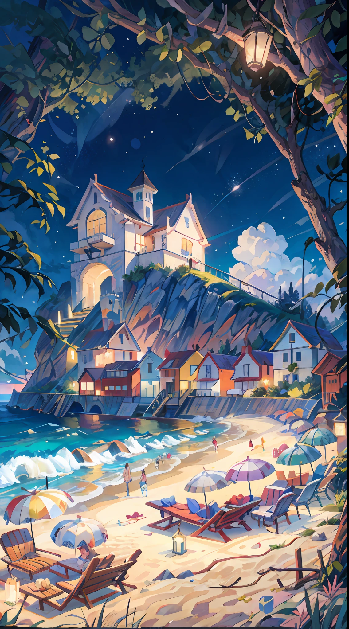 Seaside town, beach, night