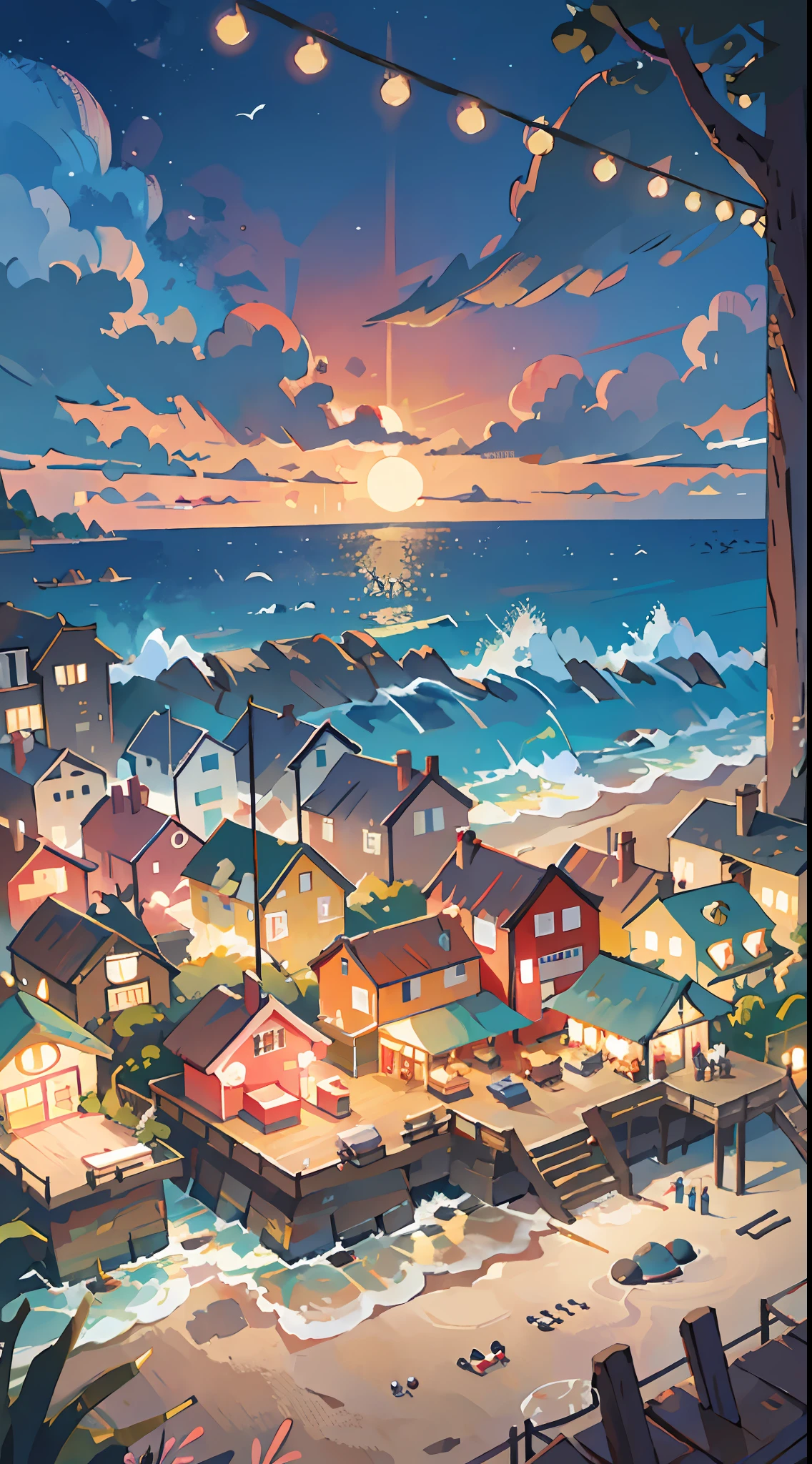 Seaside town, beach, night