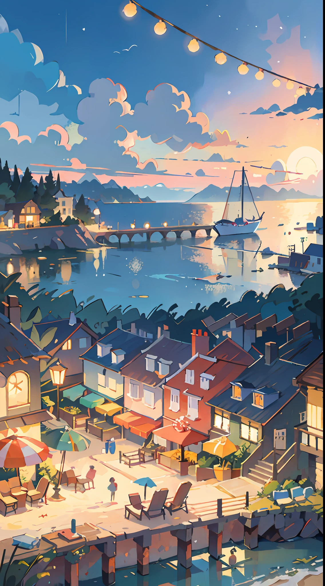 Seaside town, beach, night