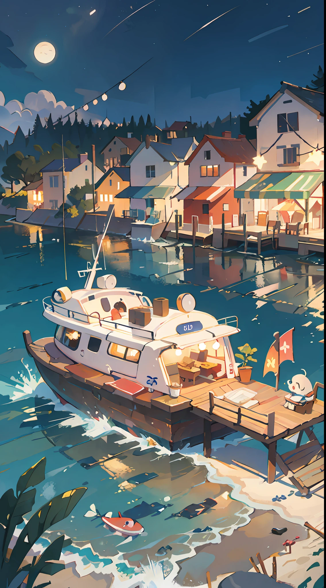 Seaside town, beach, night