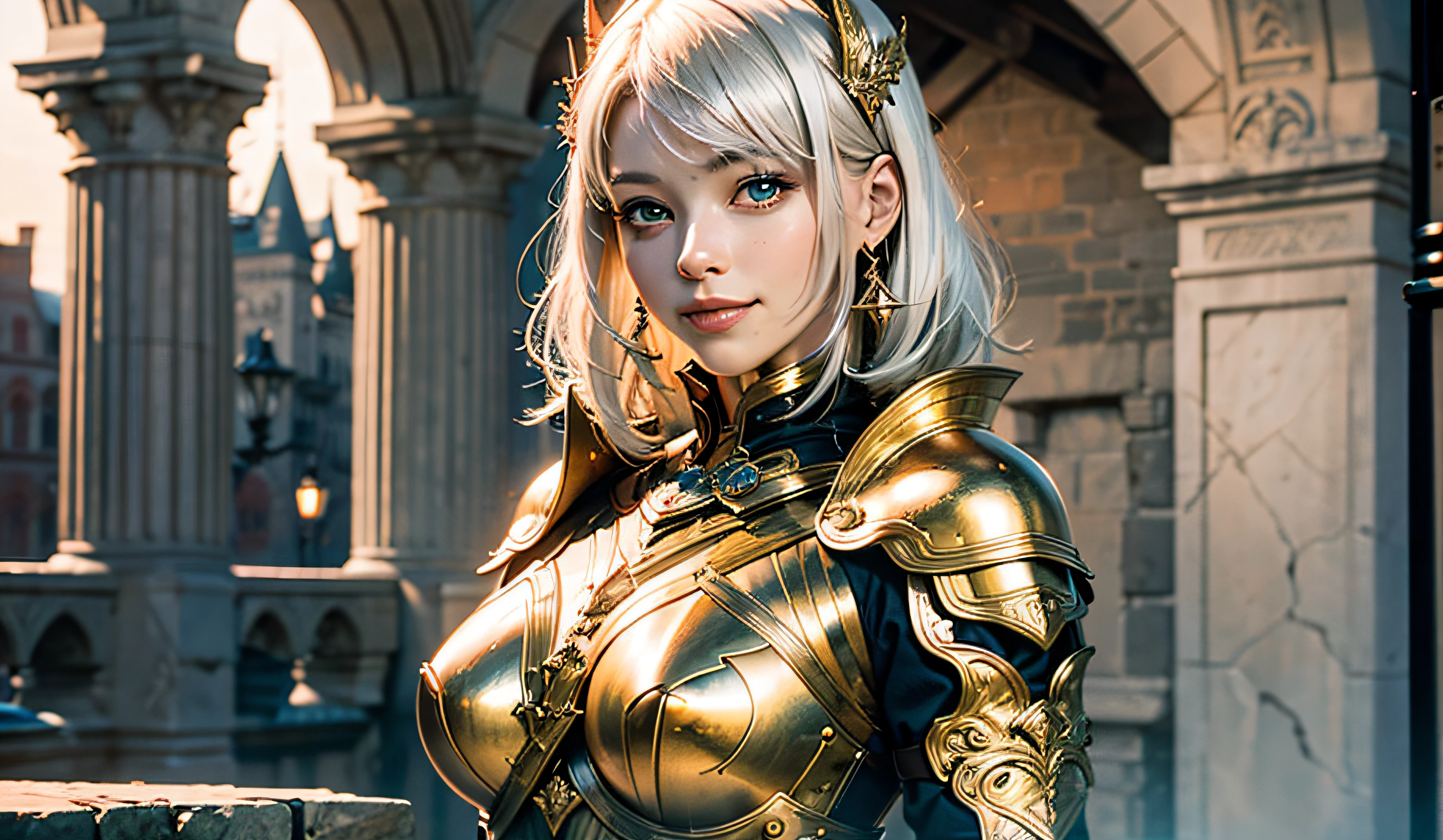 fullllbody、White-haired、(dragoon: 1.2)、Brantovan、шедевр、beste-Qualit、offcial art、Highly elaborate CG Unity 8K wallpapers、For girls、Super-High Resolution、(photo- realistic:1.4)、Golden Hour Lighting、Medieval armor、(Upper body body)、(Platinum Shorthair:0.8)、(Puffy eyes)、watch audience、Front-facing、a smile、mideum breasts、Gentle smile、shirts lift、Medieval castle scenery