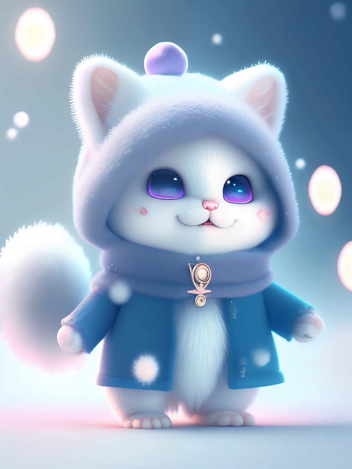 a cute little cat+Snow-white furry,Big bright eyes,A sweet smile,A sweet smile,Open-mouthed!!!,Dress up as a fashion model,Wearing a stylish suit with purple crystal texture,Hats and handbags,Snow white fluffy,Big bright eyes,Big bright eyes,standingn,Fluffy tail,Winter rises,The snow flutters gently,Extremely detailed 3D animation renders symmetrical center position, Super realistic, super detailing, posh, 3, 电影灯光, ultra clear details, Ultra-transparent material, a closeup, complex texture, rendering by octane, zbrush, 8K, Ultra-realistic UREAL,Open-mouthed!!!
