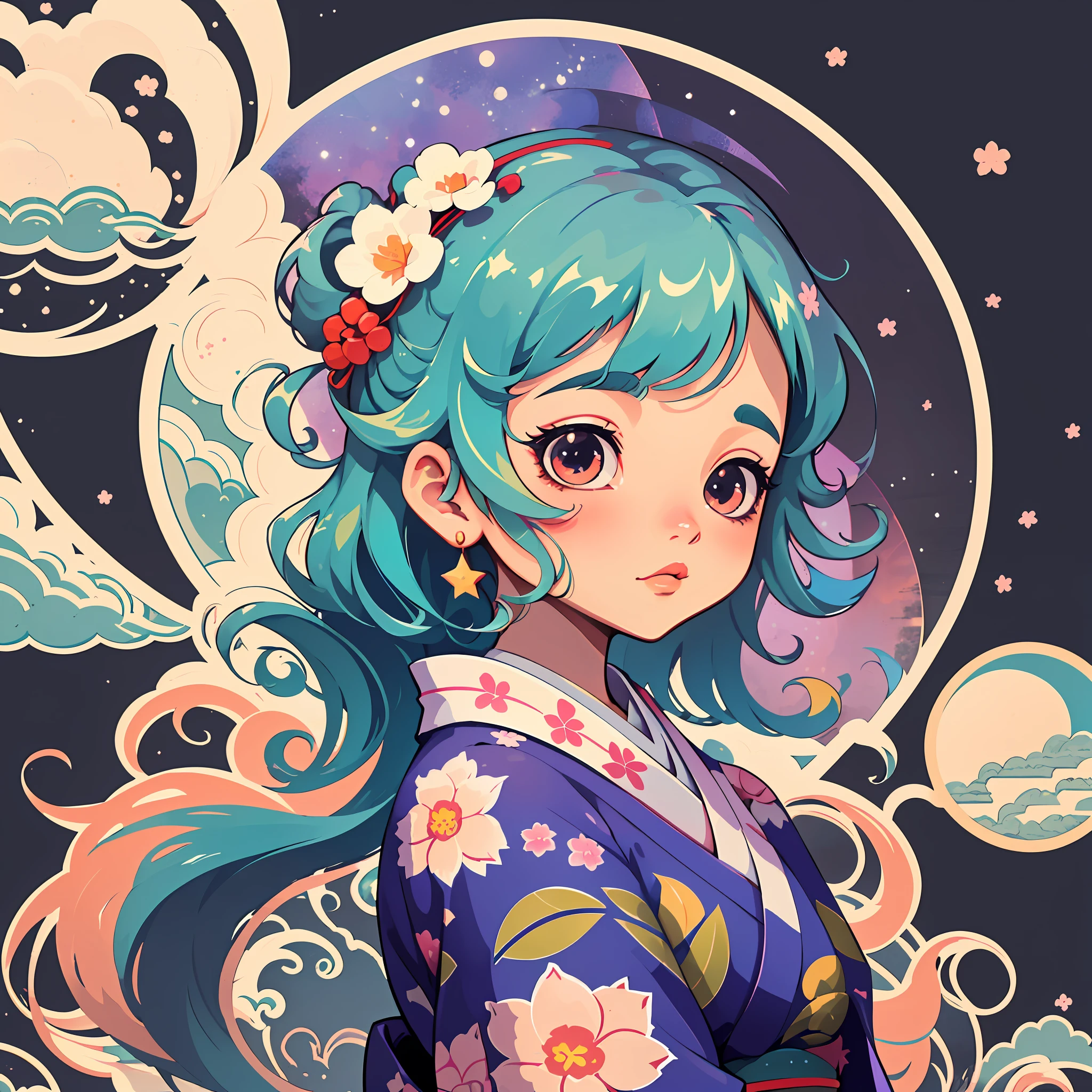 1 sticker, sticker, nikkaze, (cute girl), (gorgeous kimono), (gorgeous hair accessory), (Japanese traditional hairstyle), cherry blossoms, clouds, behind is a huge round moon, stars, white background, no background, simple background, minimal, cute, tiny, pastel color, vector style, no gradient