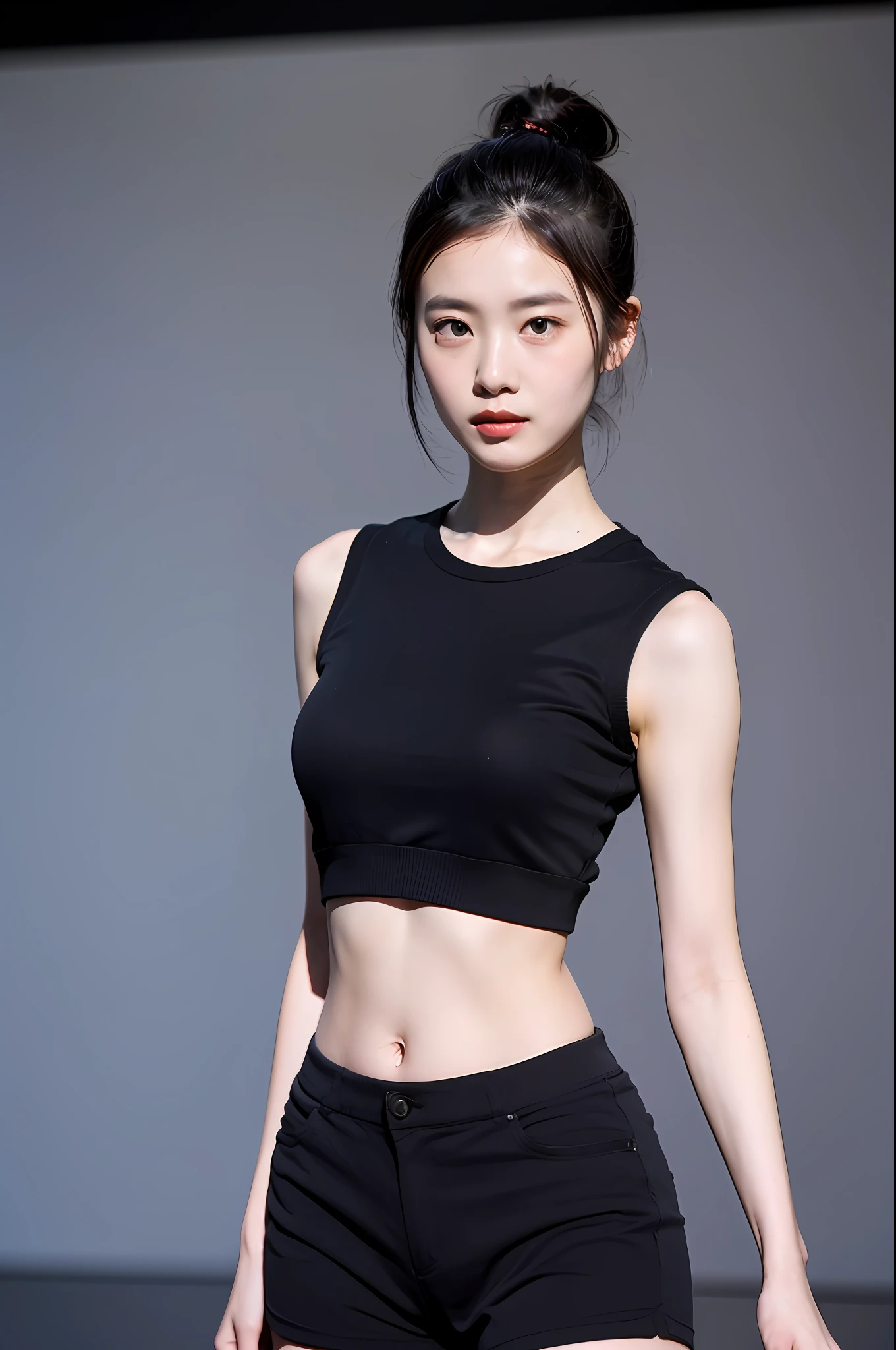 （Highly detailed body，Highly detailed face，the best quality：1.2） ，a woman with，Look at viewers，（Short black vest，Black sports shorts），（The catwalk in the background is unoccupied：1.4）