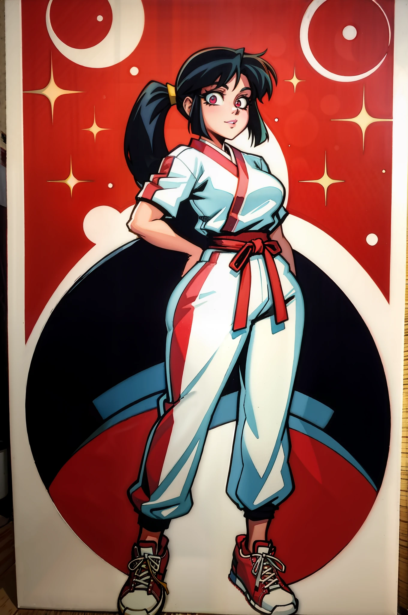 sexy asian female, Masterpiece, 4K, karate_gi, wearing karate gi, wearing yoga pants, wearing sneakers, [retro anime art style], old anime, 1980s \(style\), 1990s \(style\), watercolor \(medium\), ((best quality)), ((masterpiece)), [detailed], [anime and manga image], [captivating], [enchanting], [narrow hips], [small breasts], [wide hips], [ultra detailed hands], [large ass], 1girl, full body portrait,body Outline emphasis:1.2,lineart:1.1, traditional Media, full body focus, solo,