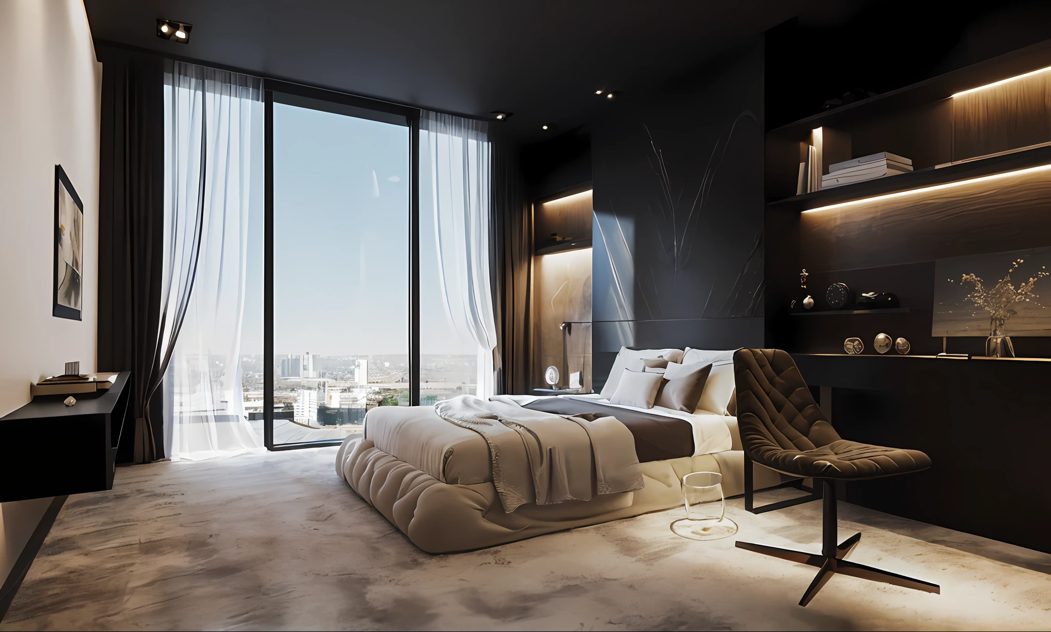 (masterpiece),(high quality), best quality, real,(realistic), super detailed, (full detail), (Modern bedroom), luxury, glass door, curtain, minimalist design, high-quality materials, ample natural light, plush and cozy bedding, sleek polished surfaces, and clean, straight lines for a harmonious look, day, city view