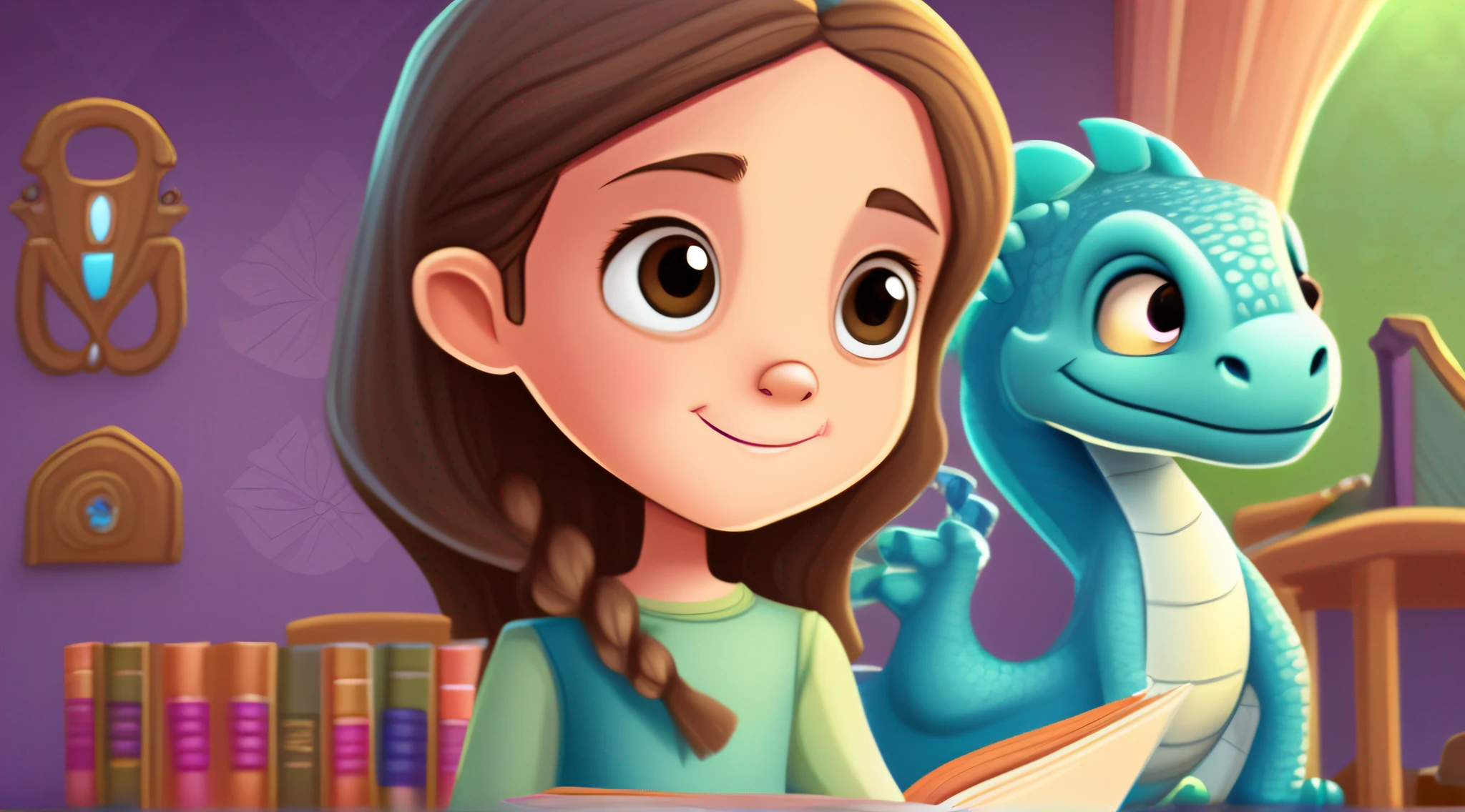 Princess Sofia is a very curious girl and loves technology. Ela esta sozinha e tem 6 anos, discovers a magical book that transports her to a virtual world. There, she meets a friendly dragon named Digi and they become friends, Estilo livro infantil