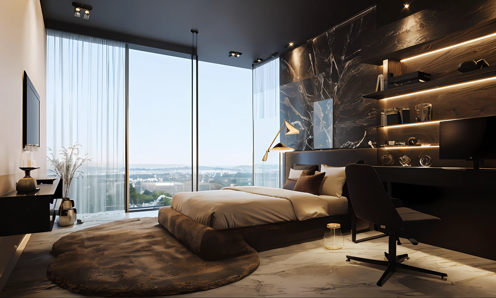 (masterpiece),(high quality), best quality, real,(realistic), super detailed, (full detail), (Modern bedroom), luxury, glass door, curtain, minimalist design, high-quality materials, ample natural light, plush and cozy bedding, sleek polished surfaces, and clean, straight lines for a harmonious look, day, city view