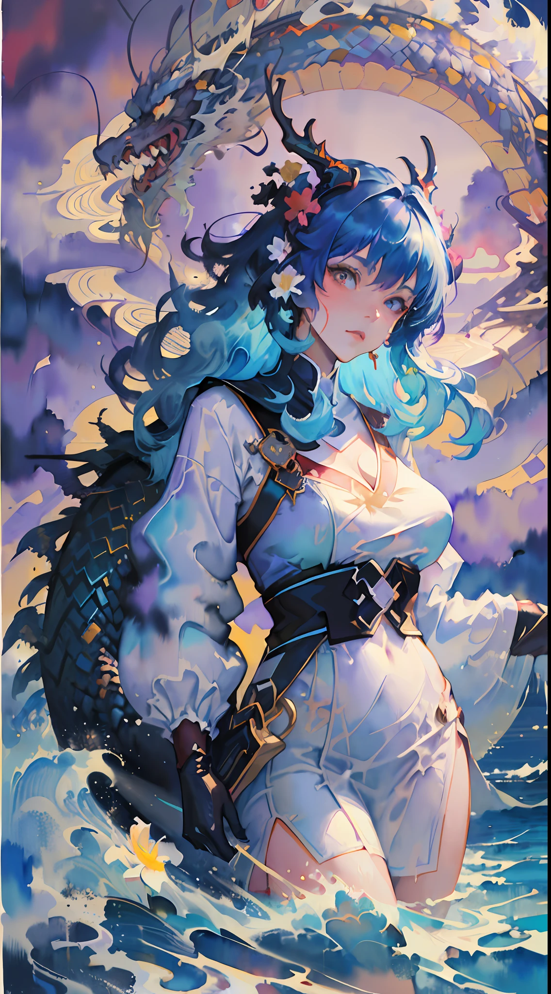 (masterpiece, top quality, best quality,1girl, long hair, (glowing:1.15), (team:1.1), (flowers:1.15), (monarch:1.05),Long coat,surrounded by huge Chinese dragons,dragon open mouse,1girl,solo,light_blue_hair,liquid hair, long hair,floating hair, standing,sundress, liquid clothes, water,waves, tsunami,tide,sea,water dress,fantasy, high contrast,explosions, over exposure, purple and red tone impression , abstract, ((watercolor painting by John Berkey and Jeremy Mann )) brush strokes, negative space,,