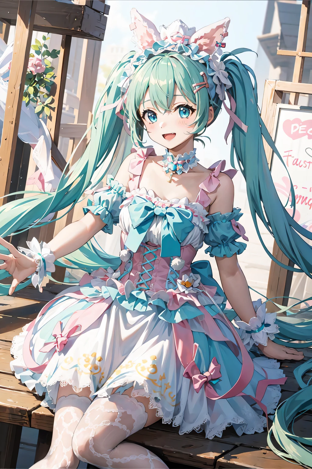 best quality, masterpiece, 1girl, hatsune miku, sweet_lolita, happy, amusement park,