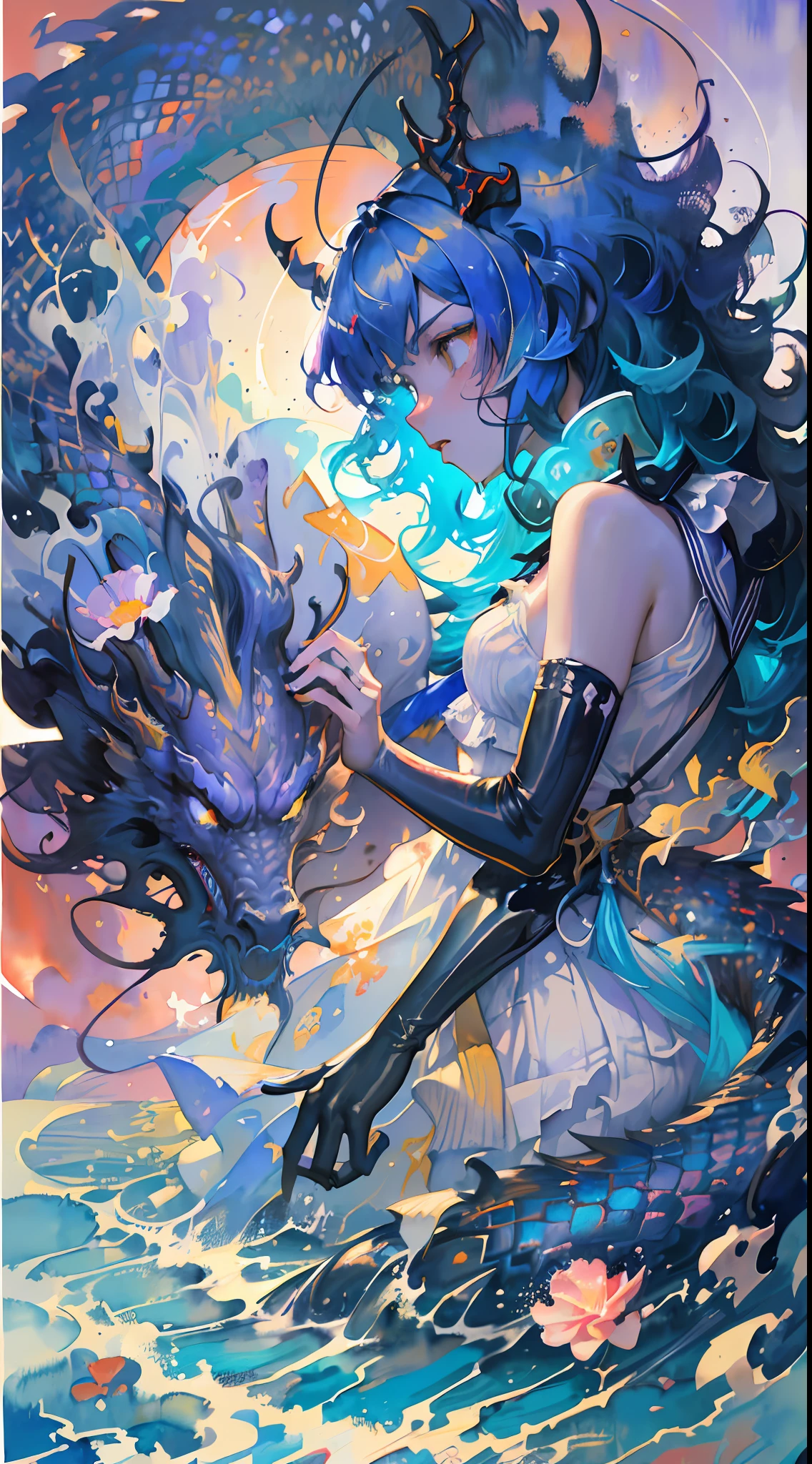 (masterpiece, top quality, best quality,1girl, long hair, (glowing:1.15), (team:1.1), (flowers:1.15), (monarch:1.05),Long coat,surrounded by huge Chinese dragons,dragon open mouse,1girl,solo,light_blue_hair,liquid hair, long hair,floating hair, standing,sundress, liquid clothes, water,waves, tsunami,tide,sea,water dress,fantasy, high contrast,explosions, over exposure, purple and red tone impression , abstract, ((watercolor painting by John Berkey and Jeremy Mann )) brush strokes, negative space,,