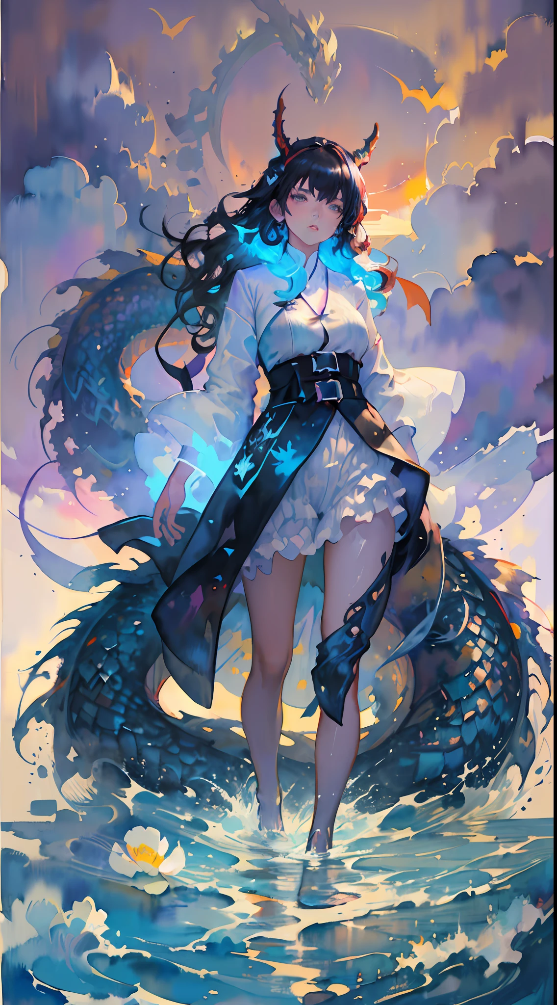 (masterpiece, top quality, best quality,1girl, long hair, (glowing:1.15), (team:1.1), (flowers:1.15), (monarch:1.05),Long coat,surrounded by huge Chinese dragons,dragon open mouse,1girl,solo,light_blue_hair,liquid hair, long hair,floating hair, standing,sundress, liquid clothes, water,waves, tsunami,tide,sea,water dress,fantasy, high contrast,explosions, over exposure, purple and red tone impression , abstract, ((watercolor painting by John Berkey and Jeremy Mann )) brush strokes, negative space,,