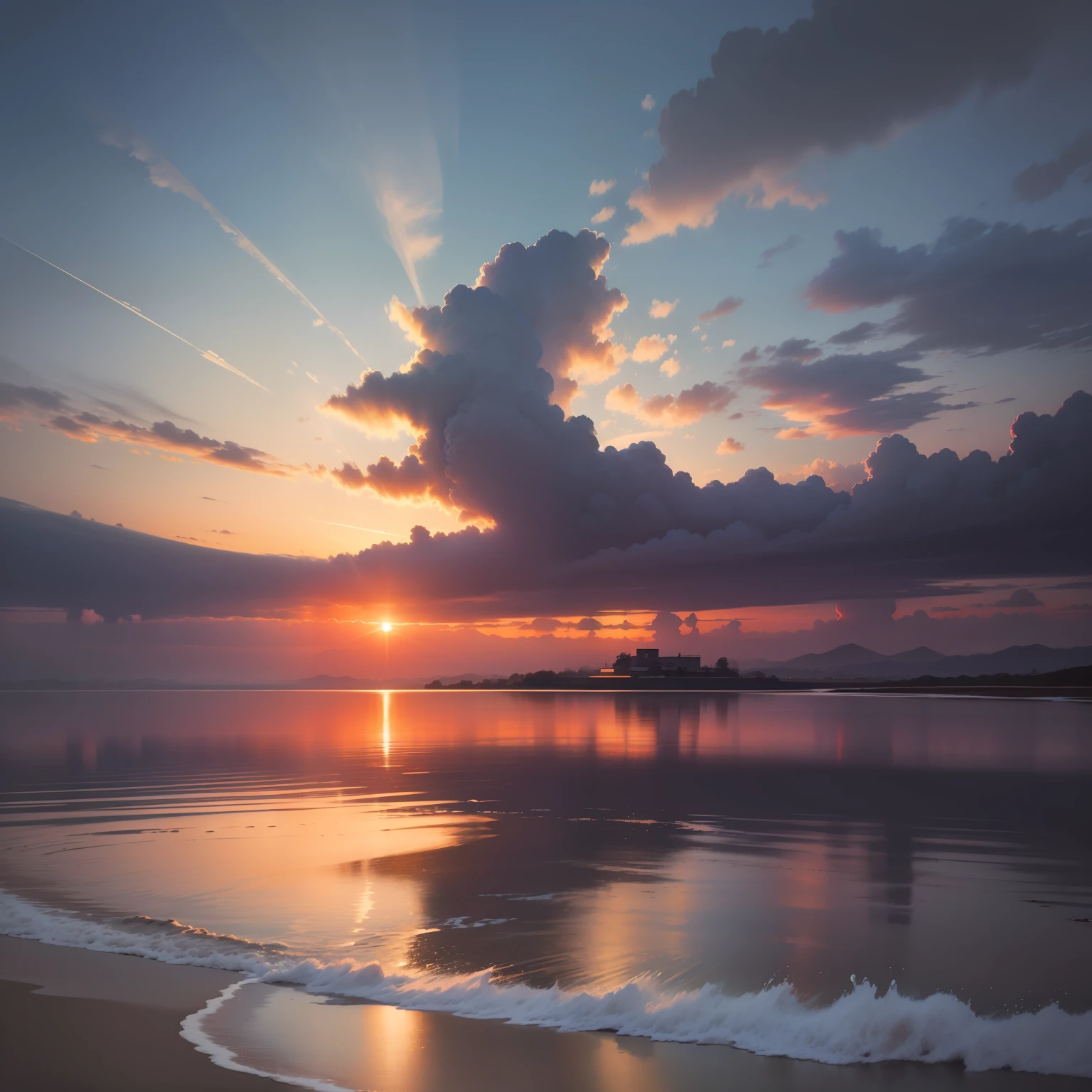 Paint a picture of a soft sunrise and an oriental seascape