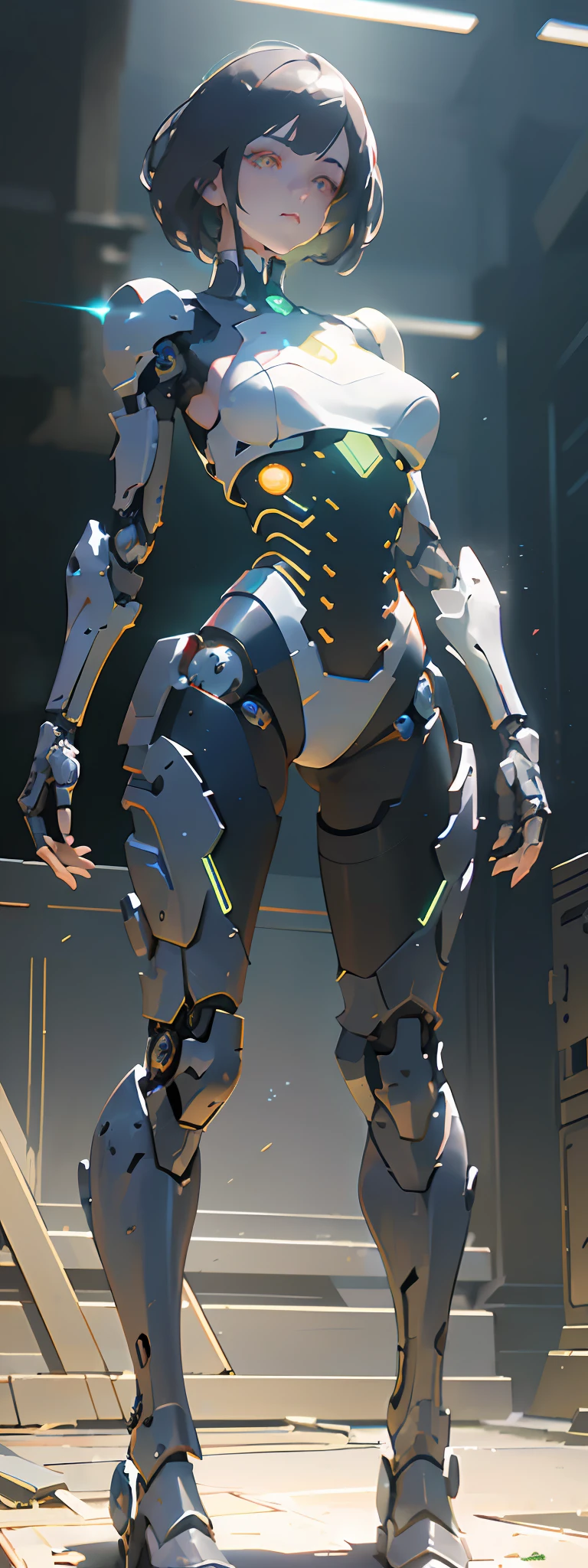 (from front:1.5), (1mechanical girl:1.5),full body, solo, Slim waist, thick thighs, (machine made joints:1.2),(machanical limbs:1.1),(blood vessels connected to tubes),(mechanical vertebra attaching to back),(mechanical cervial attaching to neck), lights on armor, mecha headglass, (Luminous Arms:1.5), (laser eyes:1.5), expressionless, huge breast,
colorful,hdr, ray tracing, nvidia rtx, super-resolution, unreal 5, subsurface scattering, pbr texturing, post-processing, anisotropic filtering, depth of field, maximum clarity and sharpness, rule of thirds, 16k raw, (luminescent particles:1.4), extremely detailed cg, unity 8k wallpaper, 3d, cinematic lighting, lens flare, reflections, sharp focus, cyberpunk art, realistic, highly detailed CG illustration, an extremely delicate and beautiful, cinematic light, (photorealistic:1.5), (Dark background:1.5),dynamic angle, masterpiece, best quality, ultra-detailed, illustration, detailed light, dramatic_shadow,face shadow,extra detailed,best performance,