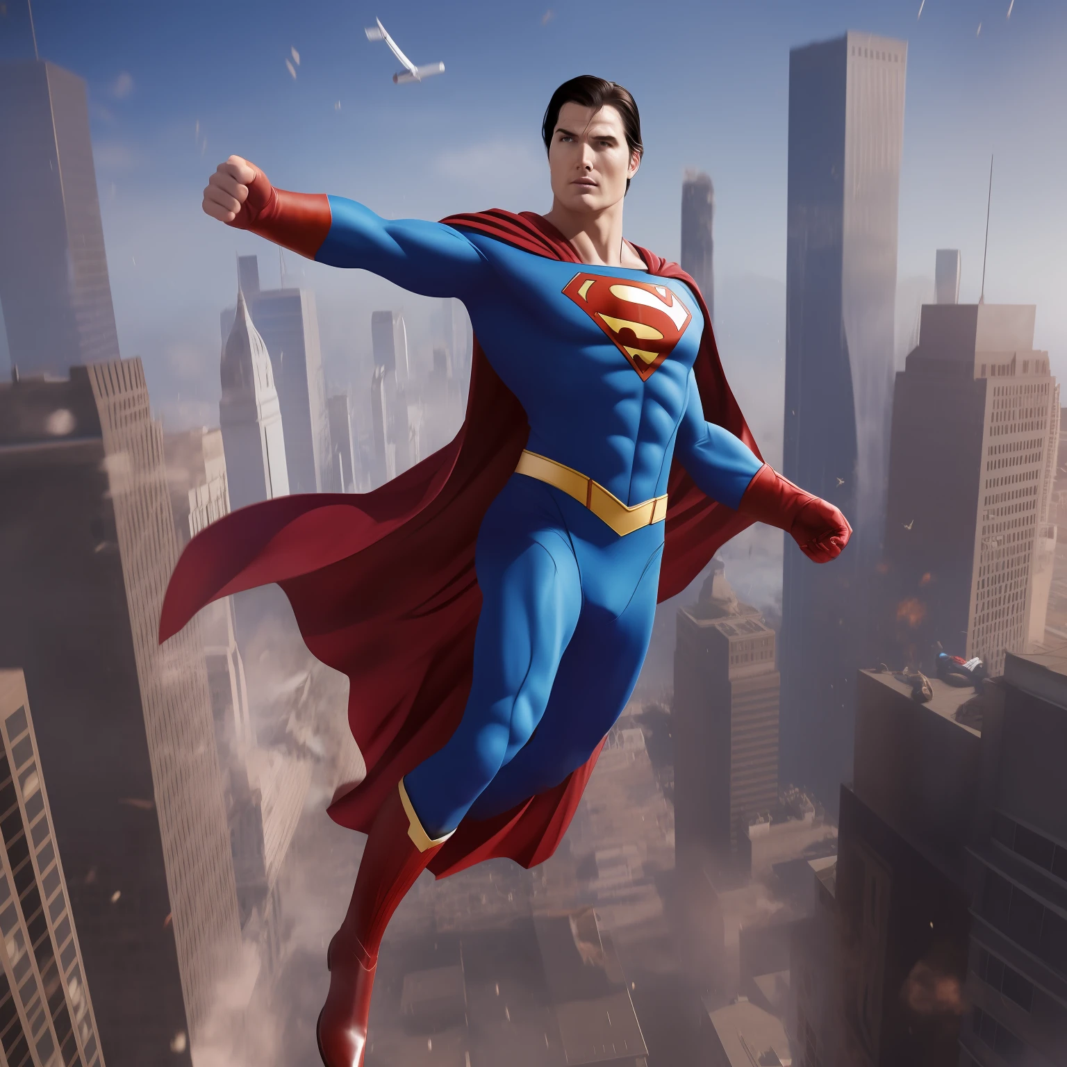 superhombre, el hombre de acero, Superhero, 35-year-old man in a blue suit, botas y capa roja y una gran S en el pecho, volando por los aires a toda velocidad, Classic flight pose, classic outfit, Christopher Reeve, Sonrsa