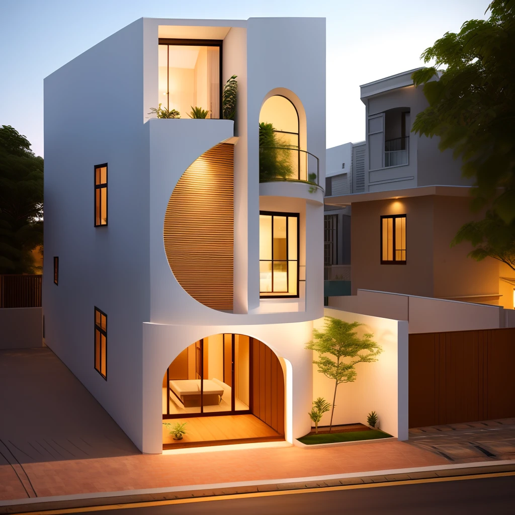 (Townhouse in city ,close houses and trees), daylight ( best quality) ((high solution)) ,(( photo realistic)) ,warm light, (sharp focus) front view of townhouse in style of modern,small house, Narrow area,VietNam,facade, curved arch,beautiful facade,curved windown,narrow and long ,two-storey,mutual colours, soft lighting, warm atmosphere,high Resolution, hyper detailed,4k ,vray render, octane render, hyper realistic, photography expert ,exterior design , professional photography, exterior photography,wide-angle shot , ultra detail , high Resolution , full frame, full body