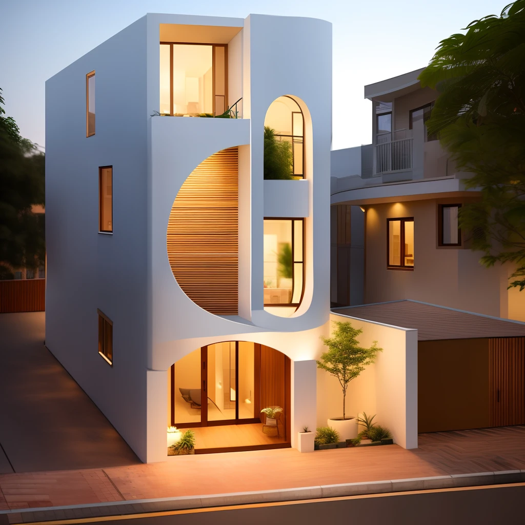 (Townhouse in city ,close houses and trees), daylight ( best quality) ((high solution)) ,(( photo realistic)) ,warm light, (sharp focus) front view of townhouse in style of modern,small house, Narrow area,VietNam,facade, curved arch,beautiful facade,curved windown,narrow and long ,two-storey,mutual colours, soft lighting, warm atmosphere,high Resolution, hyper detailed,4k ,vray render, octane render, hyper realistic, photography expert ,exterior design , professional photography, exterior photography,wide-angle shot , ultra detail , high Resolution , full frame, full body