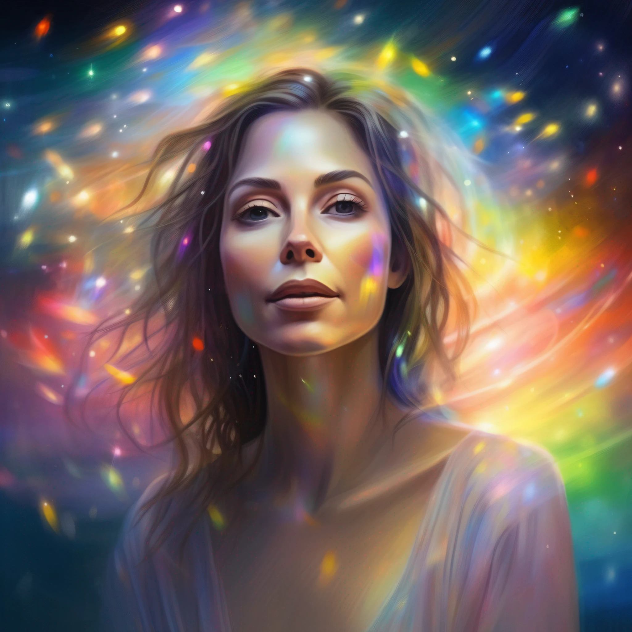 A night painting of an abstract ethereal semi - transparent most beautiful woman in the world with perfect facial proportions among fireflies rainbow light impressive skies