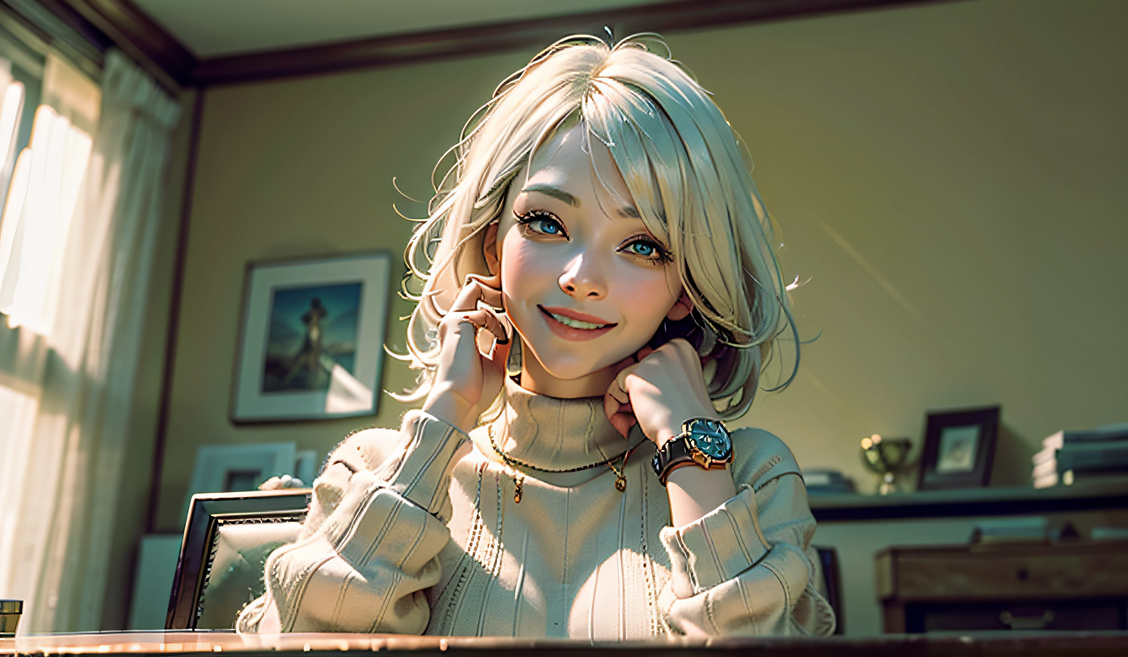 fullllbody、White-haired、(dragoon: 1.2)、Brantovan、шедевр、beste-Qualit、offcial art、Highly elaborate CG Unity 8K wallpapers、For girls、Super-High Resolution、(photo- realistic:1.4)、Golden Hour Lighting、Sweater Dresses、(Upper body body)、(Platinum Shorthair:0.8)、(Puffy eyes)、watch audience、Front-facing、a smile、mideum breasts、Gentle smile、shirts lift、Luxurious interior