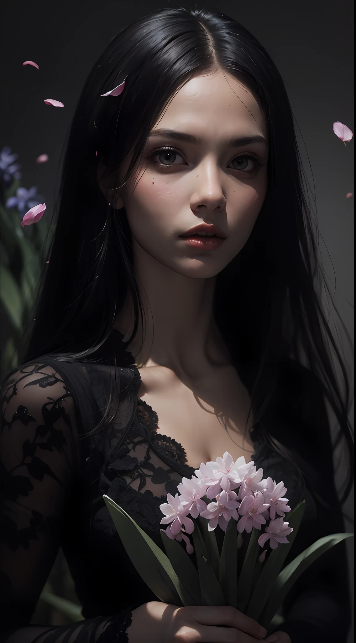 ((masterpiece, best quality)), 1girl, beautiful detailed eyes, ruby eyes, vivid, flower, hyacinth, falling petals, Beksinski, artem demura, an ultrafine detailed painting, neoplasticism,