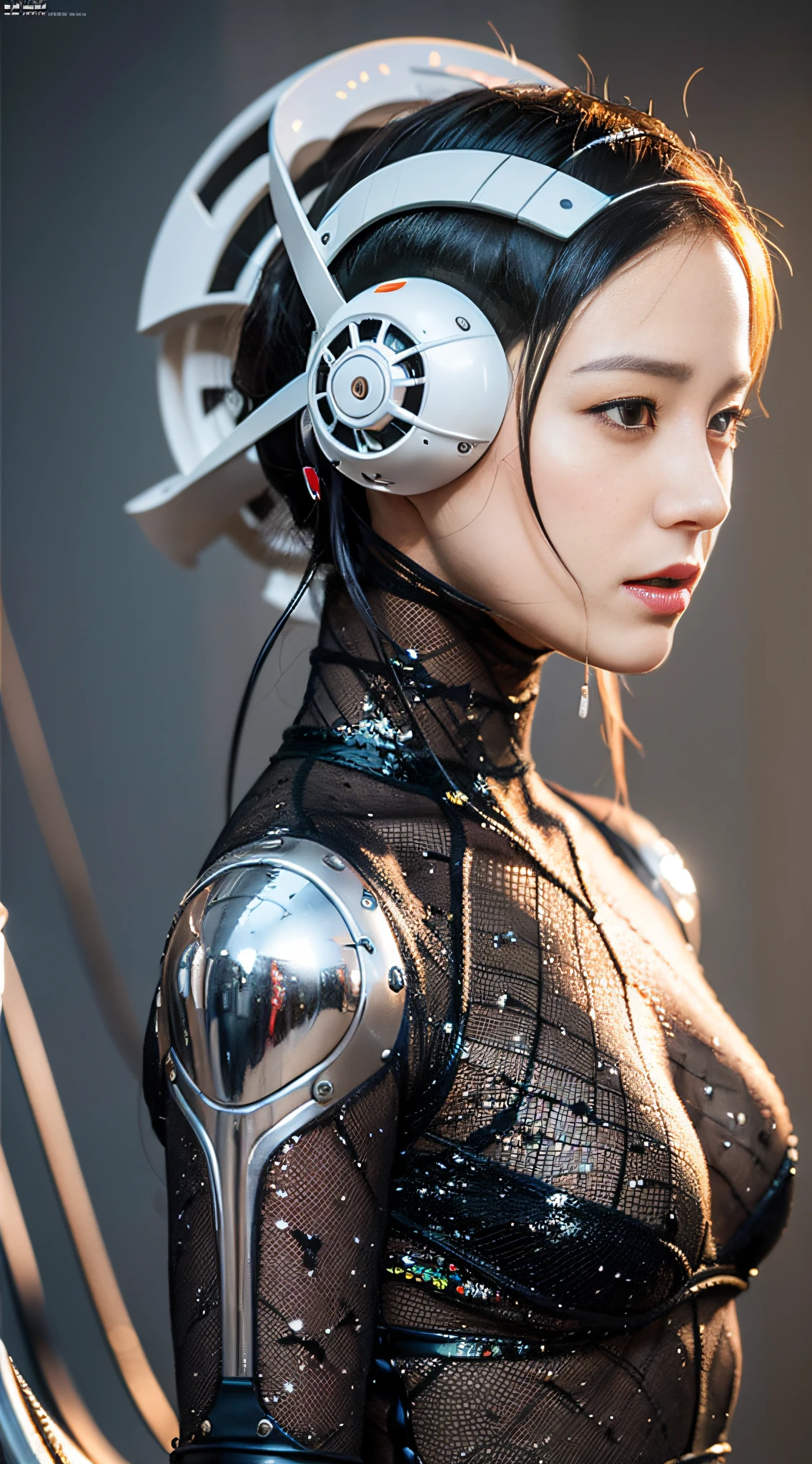 Intricate 3d rendering of highly detailed beautiful ceramic silhouette female robot face, robot, robot part, 150 mm, beautiful studio soft light, rim light, vibrant details, luxurious cyberpunk, lace, surreal, anatomy, facial muscles, cables wires, microchip, elegant, beautiful background, octane rendering, HR Giger style, 8k, best quality, masterpiece, illustration, very delicate and beautiful, very detailed, CG, unity, wallpaper , (fidelity, fidelity: 1.37), amazing, fine detail, masterpiece, best quality, official art, very detailed cg unity 8k wallpaper, absurd, unbelievably absurd, robot, silver helmet, full body