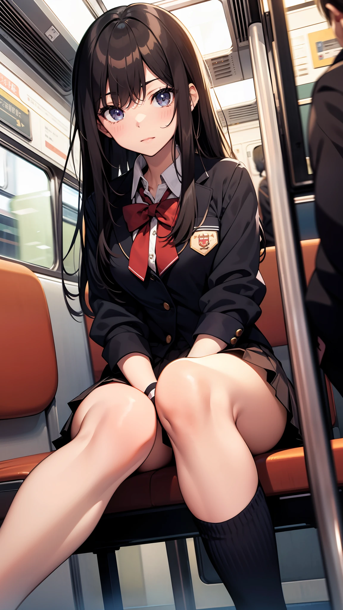 High school girl crossing legs in train seat school uniform mini-skirts Hi-Res 1girl in Cute anime illustration