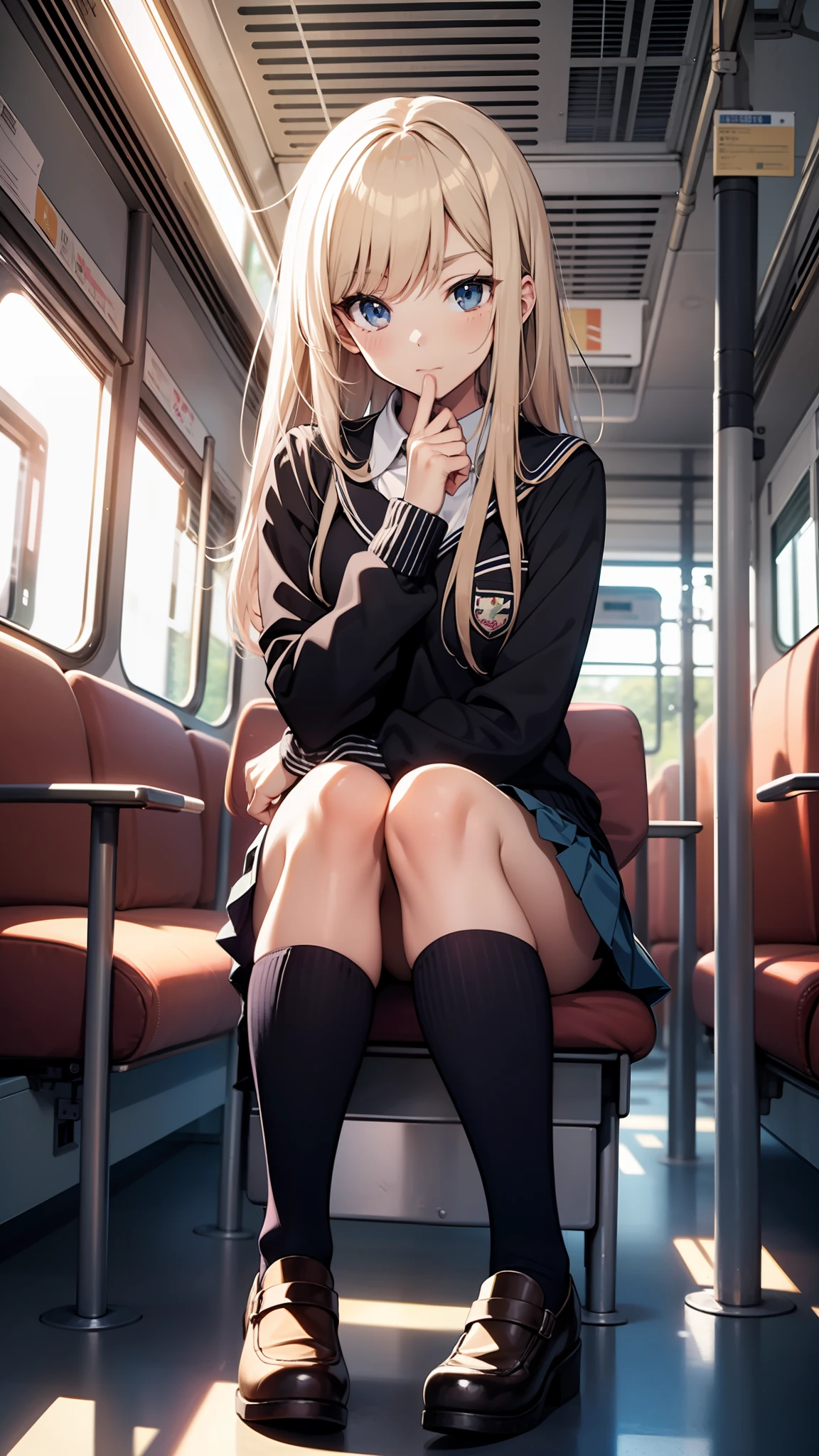 High school girl crossing legs in train seat school uniform mini-skirts Hi-Res 1girl in Cute anime illustration