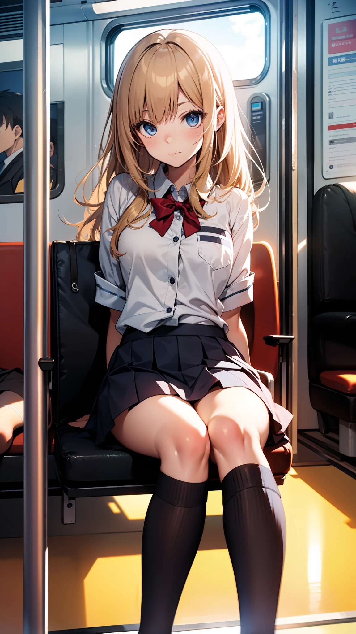 High school girl crossing legs in train seat school uniform mini-skirts Hi-Res 1girl in Cute anime illustration