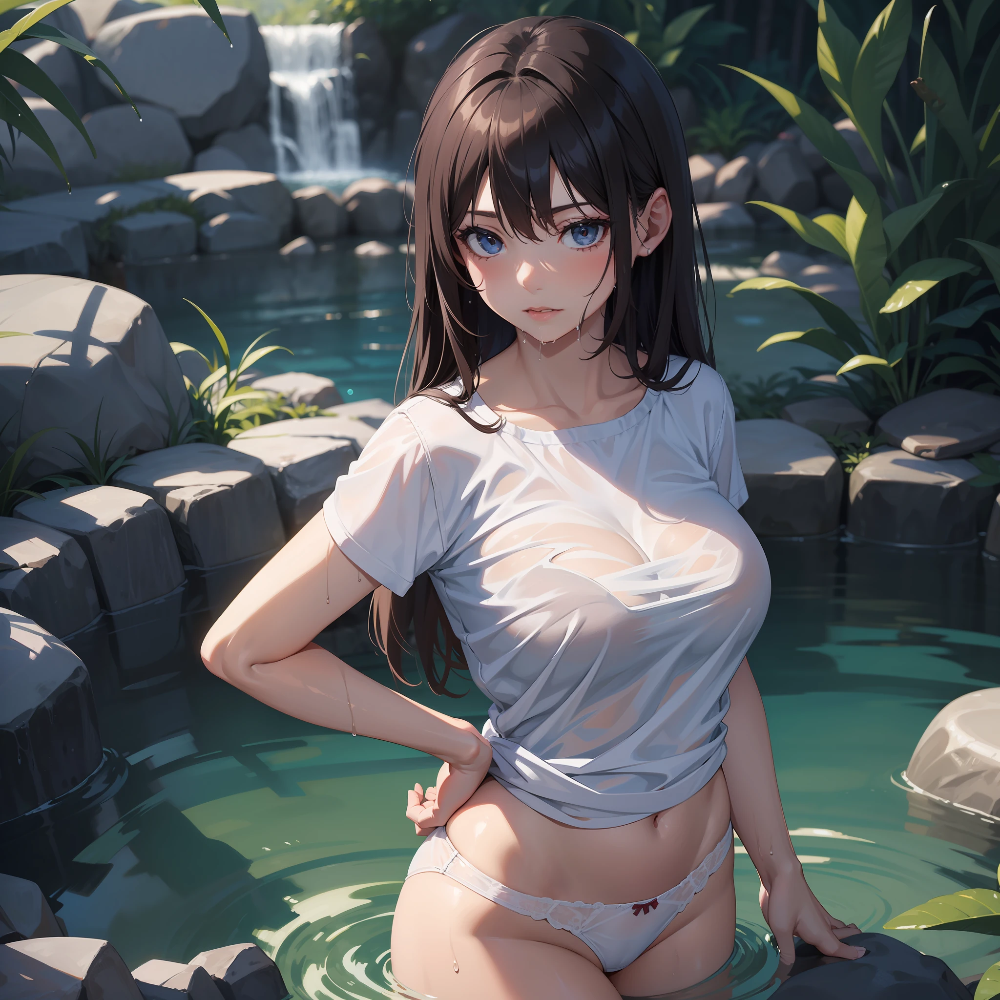 A young girl with long hair, wearing wet spant shirt and tack a bath, white panties, digital painting, artstation, 8k resolution,