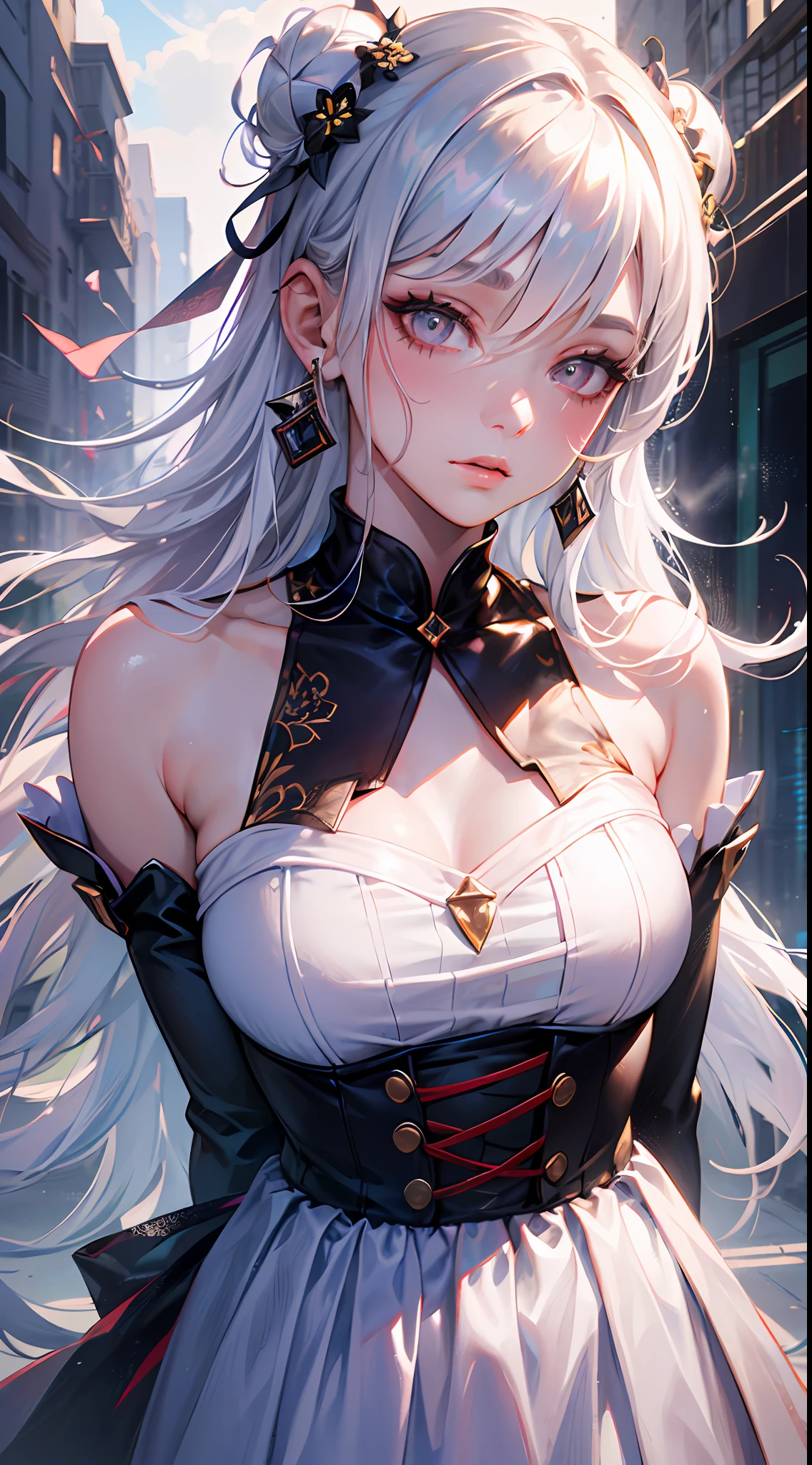 realistic,photorealistic,masterpiece,best quality,1girl,solo,(standing in street),looking at viewer,((masterpiece)),((best quality)),((official art)),(extremely detailed CG unity 8k wallpaper),((highly detailed)),((a girl)),(single),staring,fairy,hair_ornament,(very long hair),(messy_hair),bare shoulders,ribbon,hairs between eyes,beautiful detailed sky,close-up,arms behind back,thighs,mist-shrouded,chinadre,overexposure,solo,incredibly_absurdres,intense angle,pleated dress,single hair bun,white_hair,red_eyes,eyeshadow,eyeliner,eyes visible through hair,ribbon-trimmed sleeves,