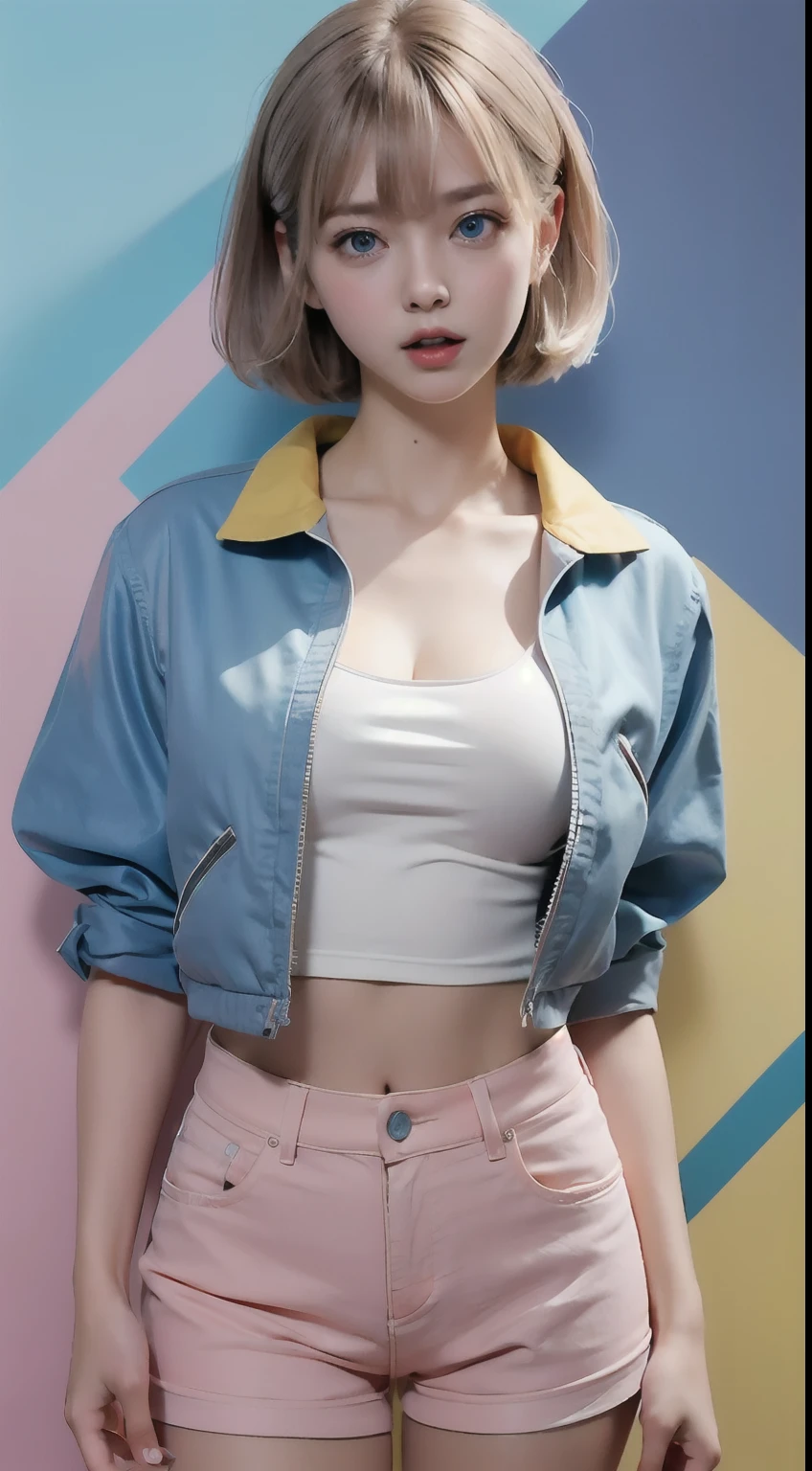 white 20yo female, pastel eyes, ((yellow-blue-pink mix)) multicolor hair, (((surprised face, surprised gestures hands))), ((perfect expression blue eyes)), medium-short hairstyle, wearing pastel colorstyle cropped tshirt with stylish printed jacket and various shorts, large-breasted, take standing kawaii full body portrait, (multicolor flat wall background), realistic shadow, starring at camera, (rembrant colorful pastel theme), canon eos 5D mark iv with 75mm, ultra highres photography, 8k wallpaper, soft rim light, ((masterpiece, photorealistic, best quality, hyperdetailed:1.2)), pulling shirt, cleavage, (perfect teeth, perfect fingers, perfect hands, perfect light)