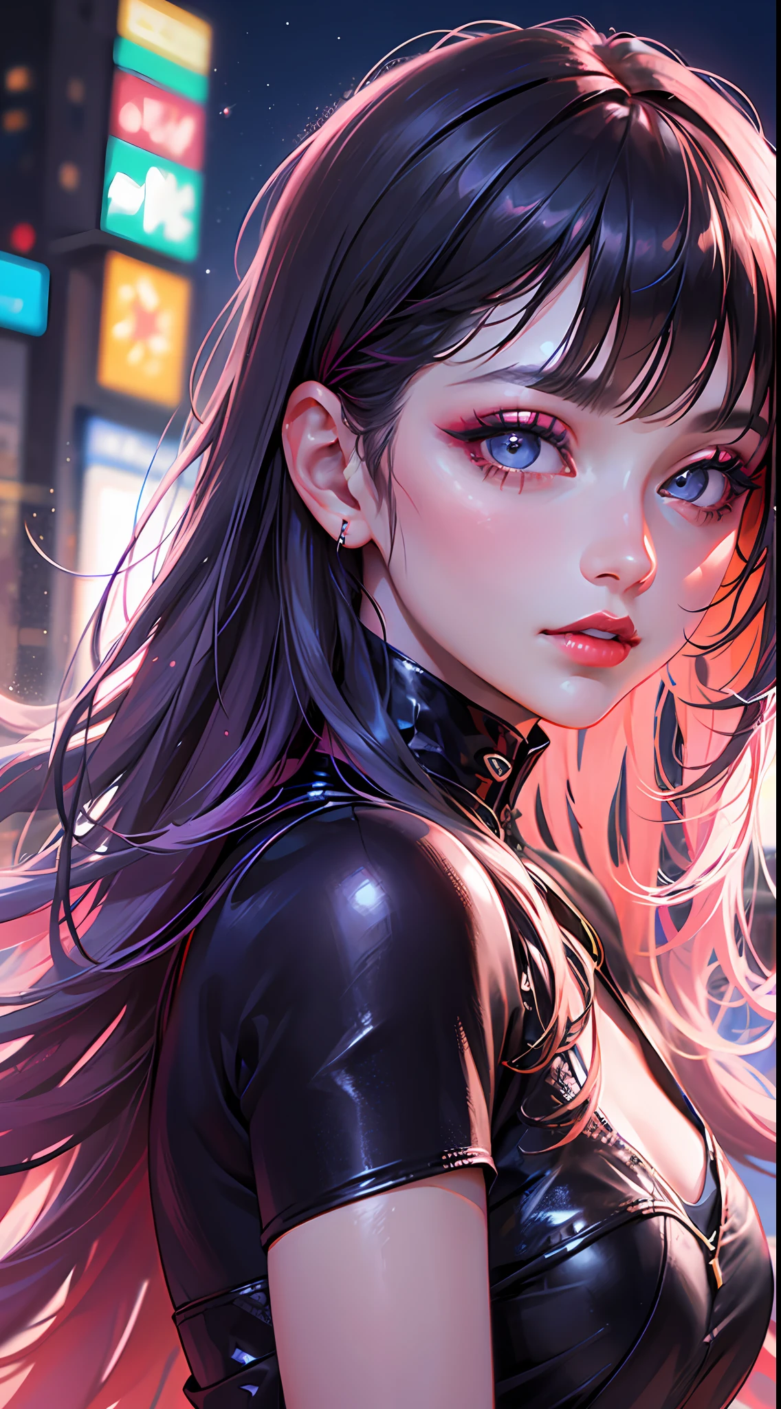 A girl, long hair, half picture, city, future, science fiction, black silk, shorts, night scene, midnight, blue light, neon, night, face close-up, delicate features, beautiful girl, beauty, charming,fashi-girl,red lips,realistic,makeup,