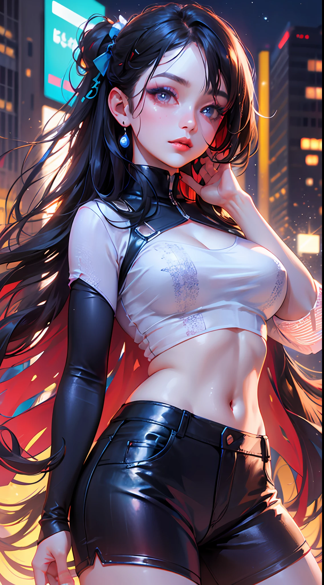A girl, long hair, half picture, city, future, science fiction, black silk, shorts, night scene, midnight, blue light, neon, night, face close-up, delicate features, beautiful girl, beauty, charming,fashi-girl,red lips,realistic,makeup,