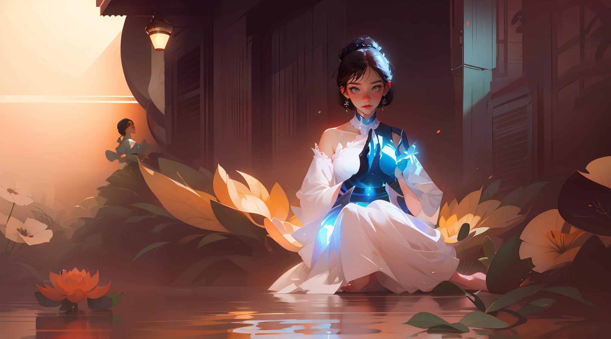there is a woman sitting on the ground in a white dress, Artgerm e Atey Ghailan, rossdraws global illumination, Art not Guweiz style, inspirado em Tran Ross, Directed by: Tran Ross, Tran Ross 8 K, Atey Ghailan 8 K, Pintura digital RossDraw, Estilo Tran Ross, Sem estilo Tran Ross