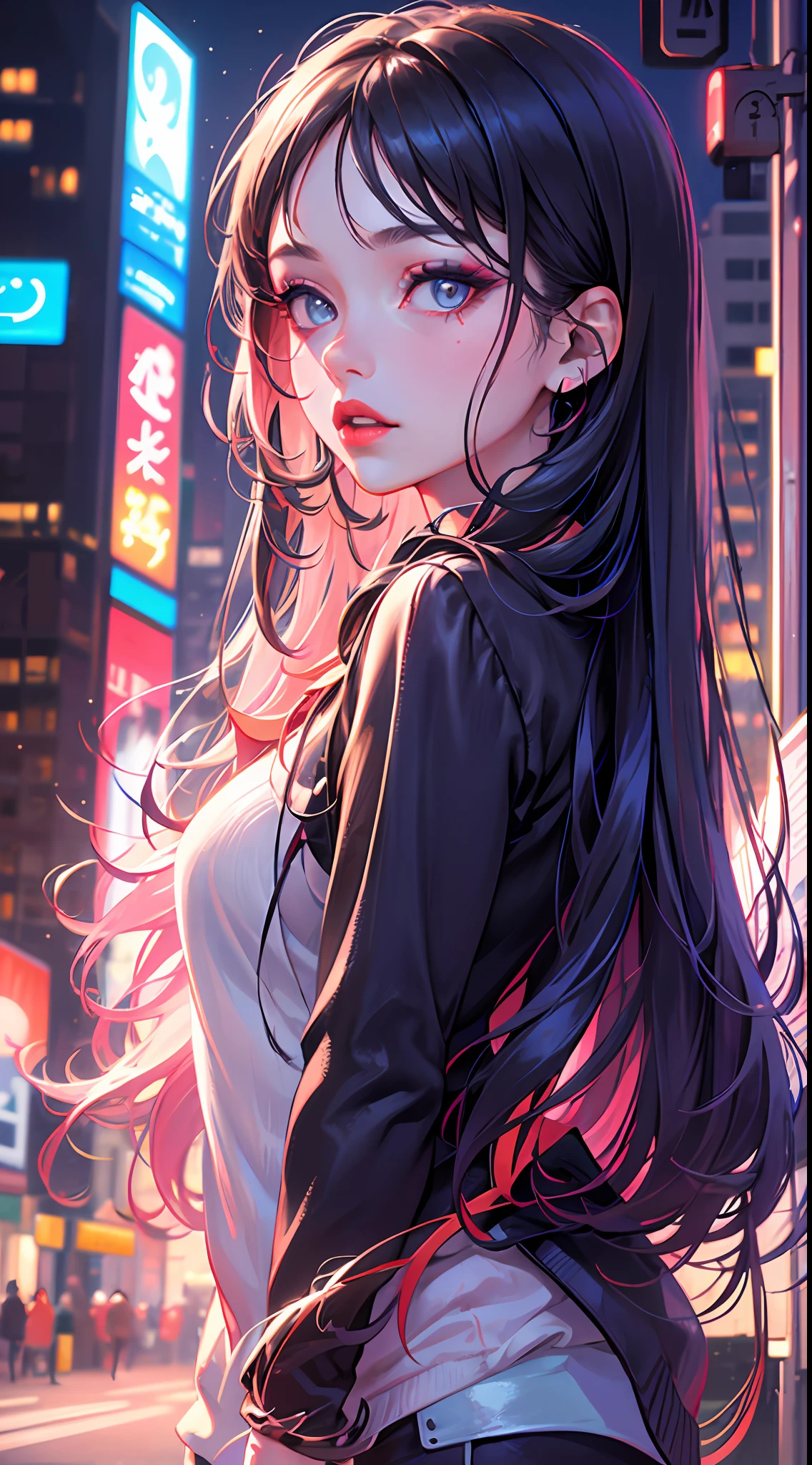 A girl, long hair, half picture, city, future, science fiction, black silk, shorts, night scene, midnight, blue light, neon, night, face close-up, delicate features, beautiful girl, beauty, charming,fashi-girl,red lips,realistic,makeup,