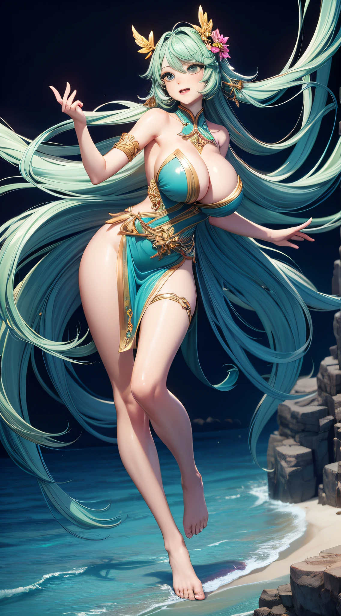 (a masterpiece of,top Quority,Best Quority,offcial art,Beauty and aesthetics:1.2),(1girl huge large breasts:1.3),abundantly detailed,(s fractal art:1.2),green colors,比基尼,Most detailed,bare footed,(dynamicpose) , (shiny skins), (many color:1.4),mountain ranges,beachside。