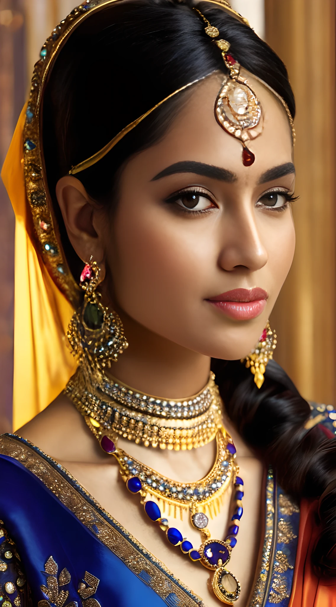 (masterpiece, UHD, official art, realistic style by Greg Rutkowski:1.4), Queen Velu Nachiyar, (radiant dark eyes:1.2), elegant traditional Indian attire, rich 18th-century, adorned with (gold and gemstone jewelry:1.3), intricate headpiece, gleaming nose ring, (gold armlets:1.1), colorful silk sari, warm color palette, detailed background, palatial setting, extreme close-up, side view.