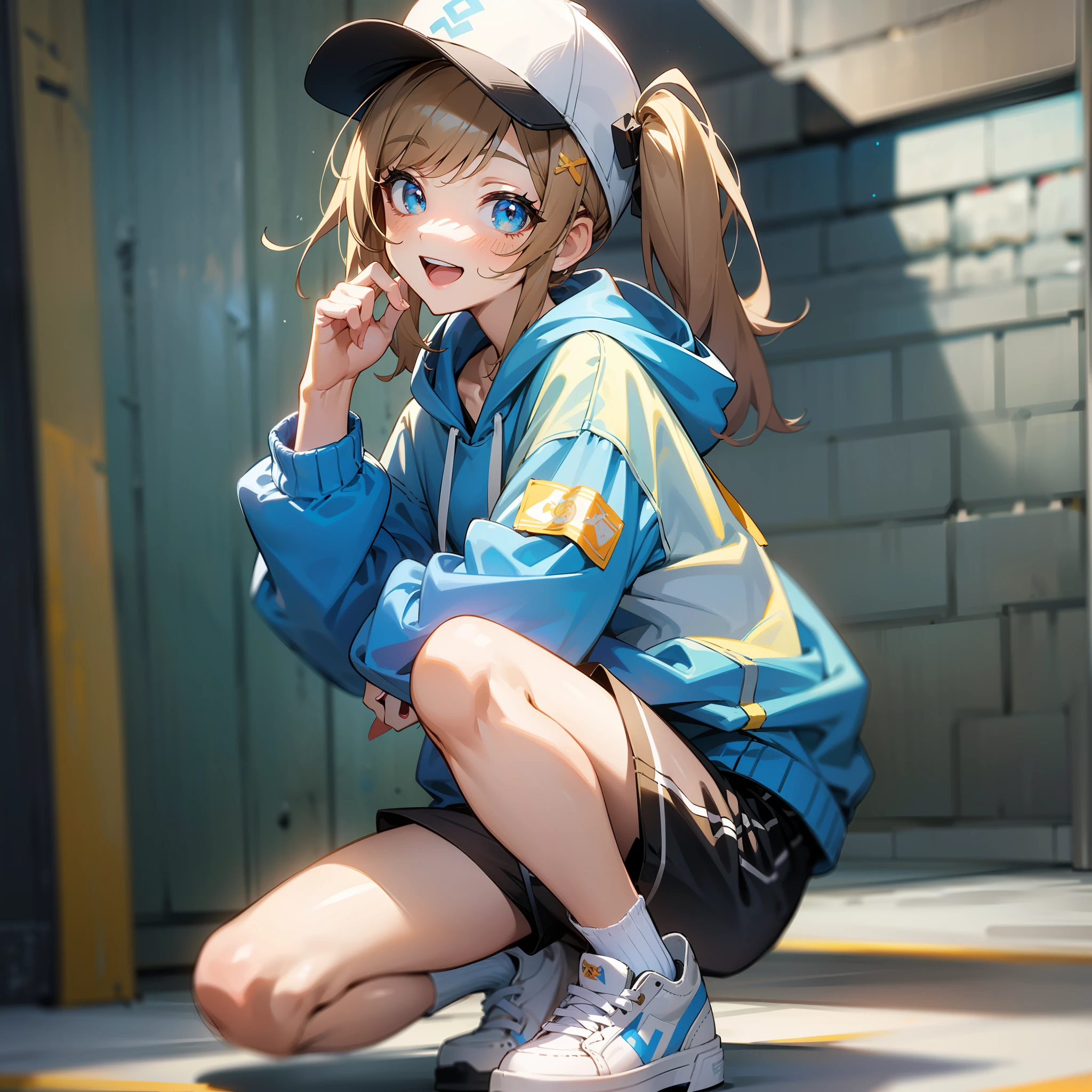 (masterpiece, best quality), (detailed and beautiful eyes), (detailed eyes and detailed face), (beautiful and clear background), (extremely detailed CG, super detailed, best shadows), (( depth of field)), beautiful conceptual illustration, (illustration), (extremely delicate and beautiful), (perfect detail) ,an anime art picture of five cartoon characters in a photo shoot pose baseball cap, hat, blue eyes, shoes, squatting, multiple girls, smile, blonde hair, shorts, sneakers, hood, open mouth, looking at viewer, long hair, blue hair, 5girls, brown hair, :d, short hair, hoodie, bangs, long sleeves, jacket, short shorts, shirt, twintails, white footwear, denim, open clothes, graffiti