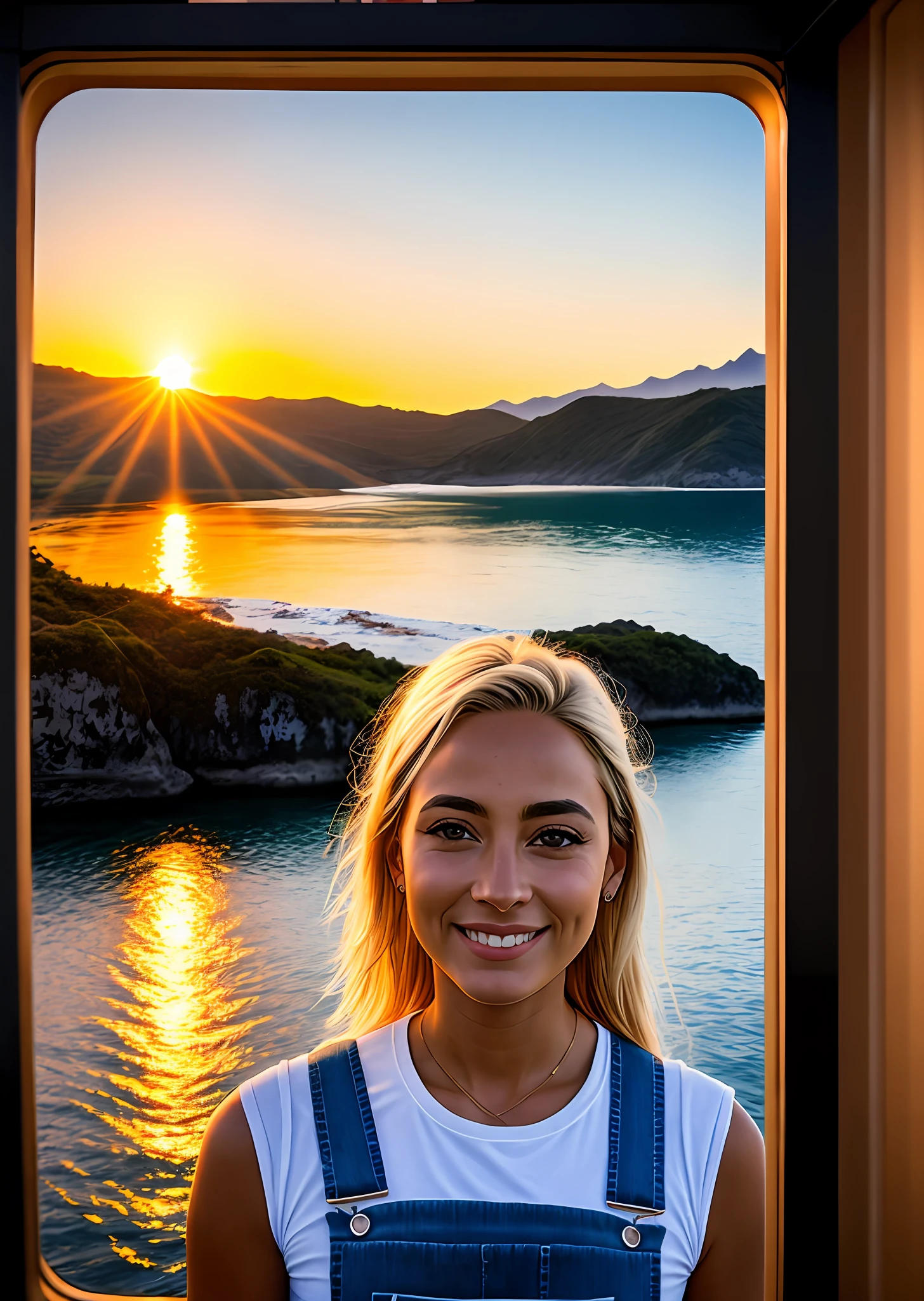 Young blonde woman wearing overalls (Inside a boat at sunset), muito detalhado, 21 anos, rosto inocente, cabelo ondulado natural, olhos azuis, alta resolução, obra-prima, melhor qualidade, detalhes intrincados, altamente detalhado, Clear focus, pele detalhada, textura de pele realista, textura, olhos detalhados, profissional, 4k, sorriso encantador, filmado em Canon, 85mm, profundidade de campo rasa, kodak vision color, corpo de ajuste perfeito, extremamente detalhado, foto_\(ultra\), fotorrealista, realista, Post-processing, maximum detail, aspereza, vida real, ultra realista, fotorrealismo, fotografia, 8k uhd, fotografia