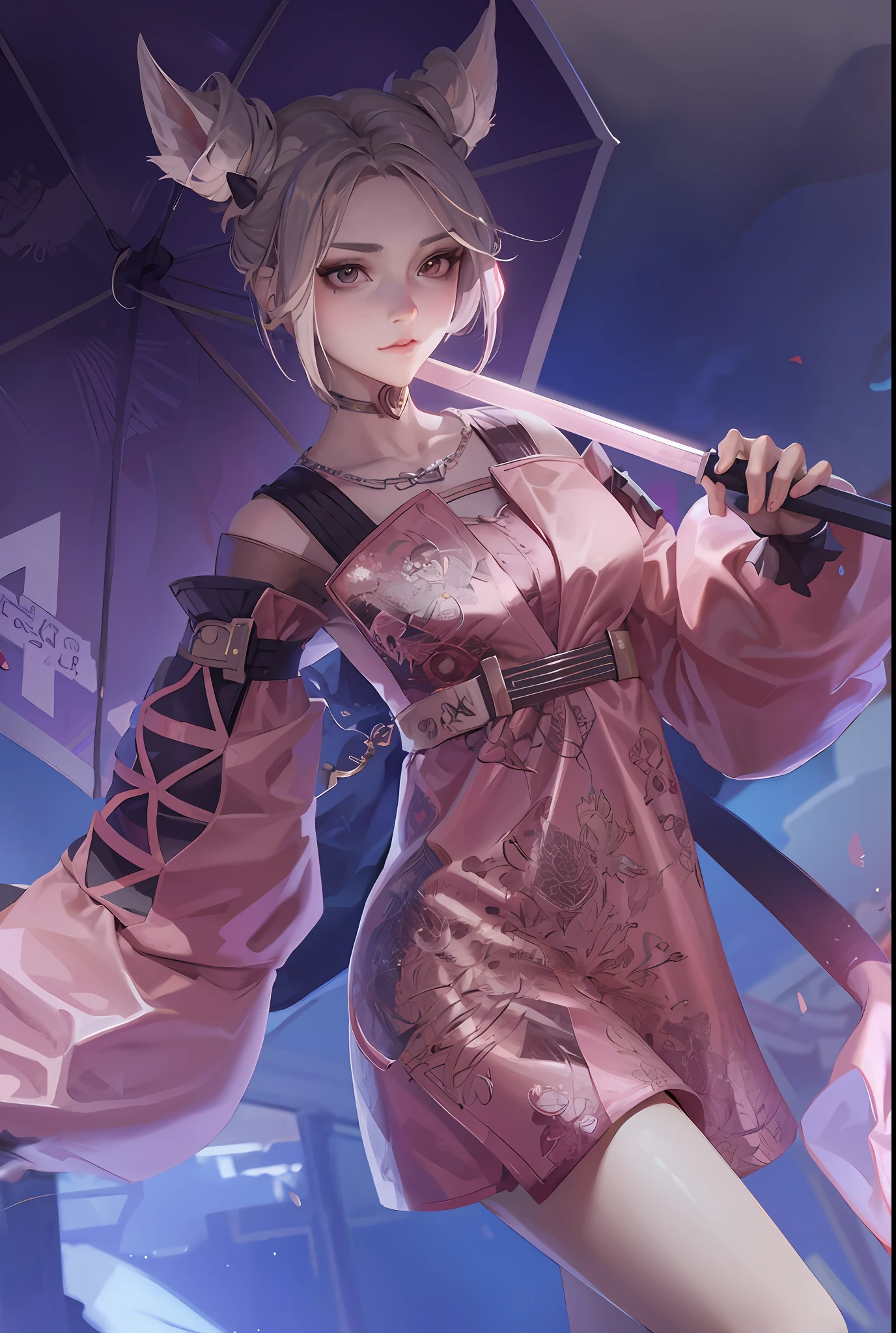 anime girl in pink dress holding a sword and a sword, Guviz-style artwork, Extremely detailed Artgerm, Guweiz in Pixiv ArtStation, rossdraws sakimimichan, G Liulian art style, Guweiz on ArtStation Pixiv, Kushatt Krenz Key Art Women, ross tran style
