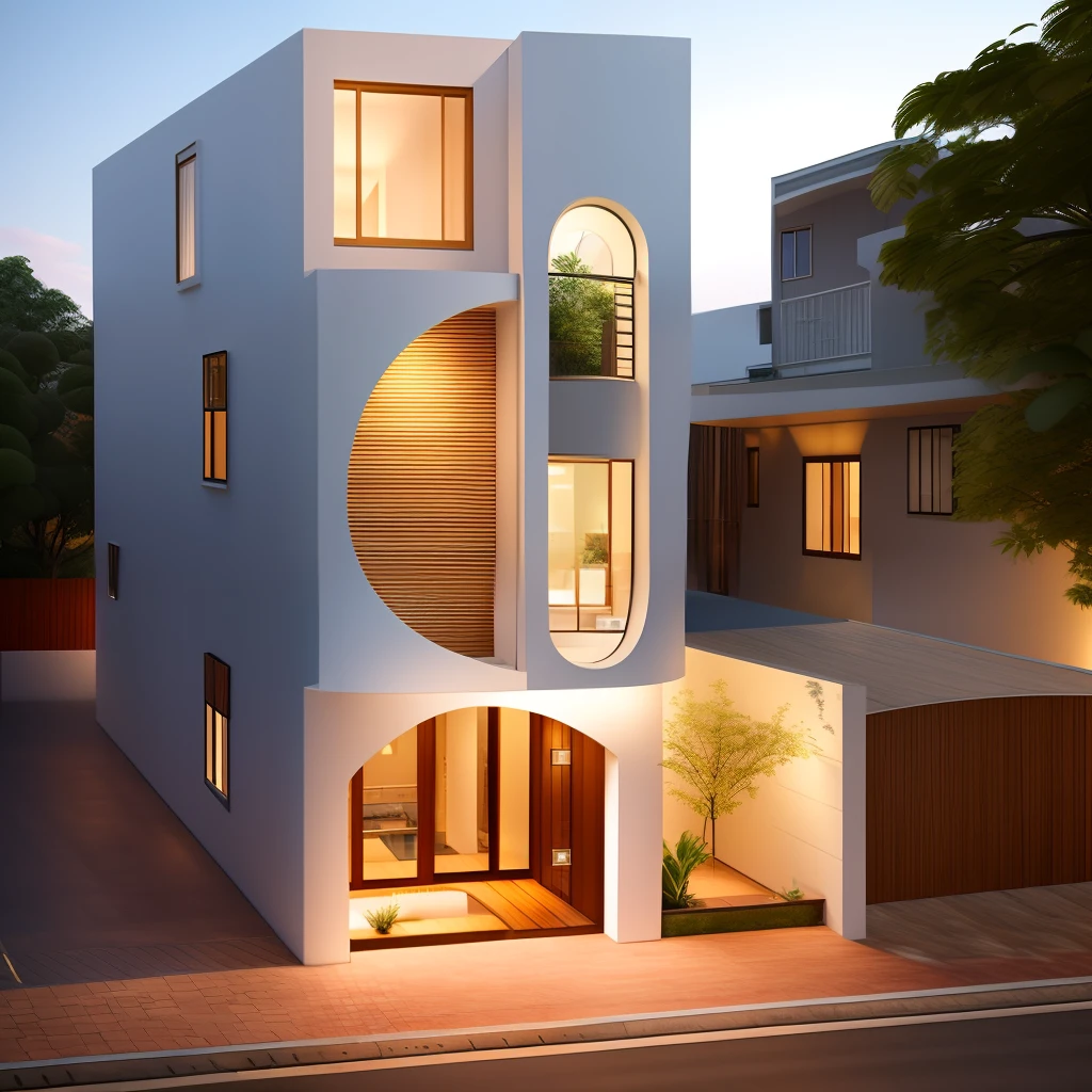 (Townhouse in city ,close houses and trees), daylight ( best quality) ((high solution)) ,(( photo realistic)) ,warm light, (sharp focus) front view of townhouse in style of modern,small house, Narrow area,VietNam,facade, curved arch,beautiful facade,curved windown,narrow and long ,two-storey,mutual colours, soft lighting, warm atmosphere,high Resolution, hyper detailed,4k ,vray render, octane render, hyper realistic, photography expert ,exterior design , professional photography, exterior photography,wide-angle shot , ultra detail , high Resolution , full frame, full body