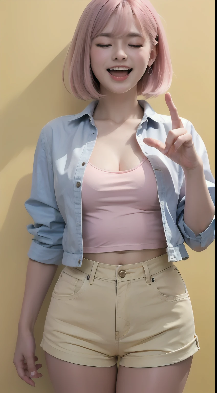white 20yo female, (((yellow-blue-pink mix multicolor hair))), (((happy laughing, closed eyes, gestures hand))), ((perfect expression)), medium-short hairstyle, wearing pastel colorstyle cropped tshirt with stylish printed jacket and various shorts, large-breasted, take standing kawaii full body portrait, (multicolor flat wall background), realistic shadow, starring at camera, (rembrant colorful pastel theme), canon eos 5D mark iv with 75mm, ultra highres photography, 8k wallpaper, soft rim light, ((masterpiece, photorealistic, best quality, hyperdetailed:1.2)), pulling shirt, cleavage, (perfect teeth, perfect fingers, perfect hands, perfect light)