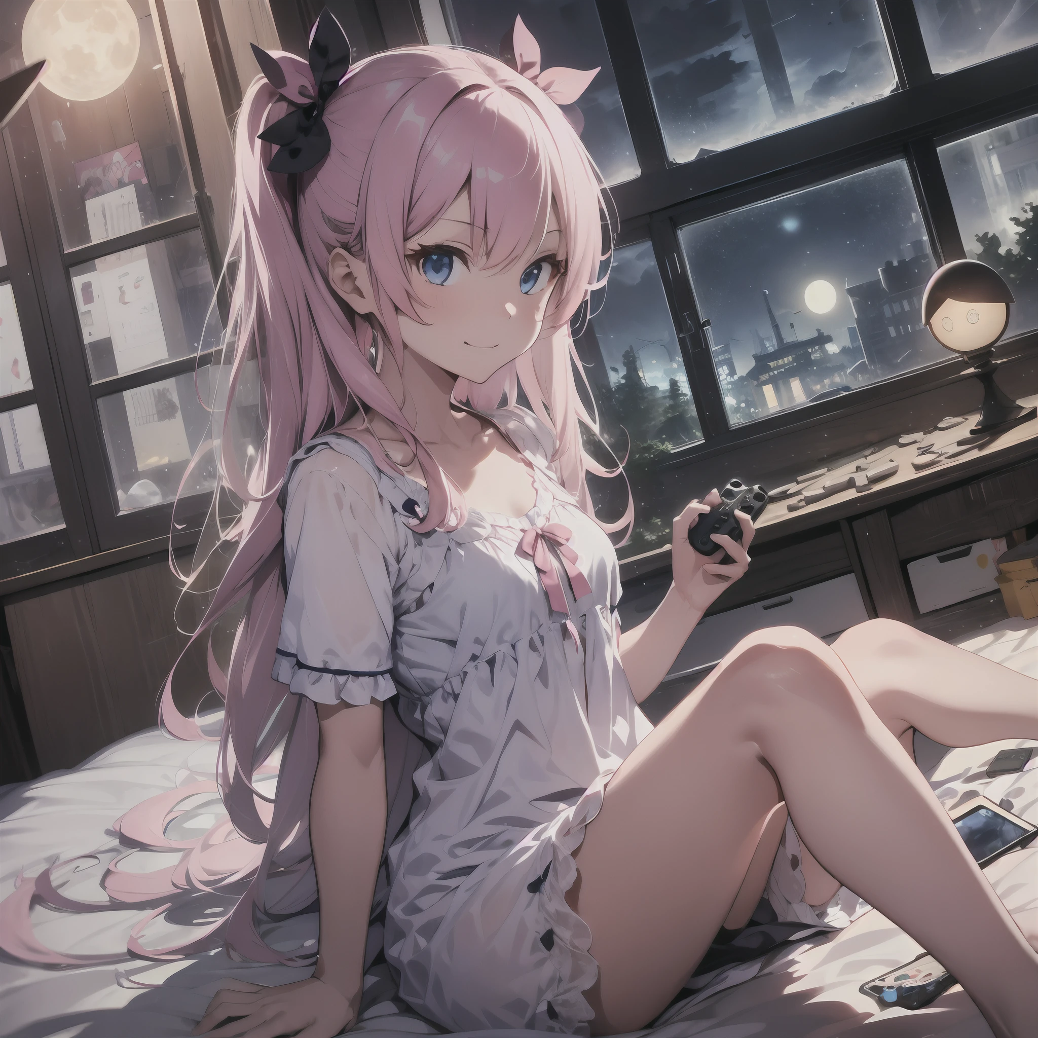 masutepiece, beste-Qualit, ultra hyper-detailed, break, 1girl in, nightgown,a smirk, ((Pink Long Hair)),Blue eyes, break, Game Controller, Playing games、break, Night, Window, a moon,