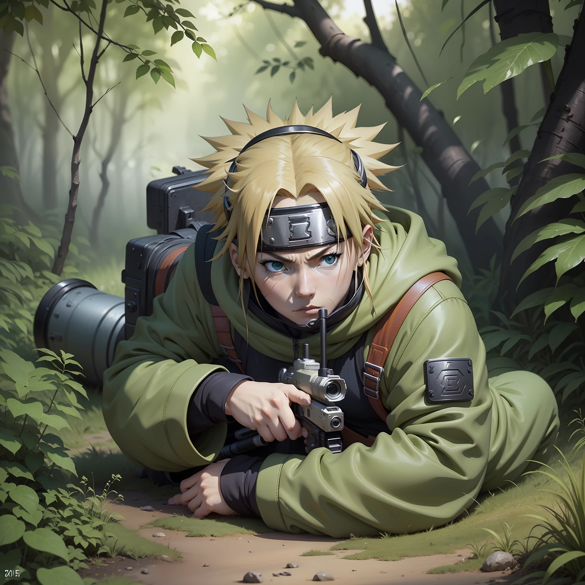 Temari (naruto anime ) in ghillie suite , in jungle bushes , sniper rifle ( AS-50 ) , best quality , masterpiece , 8k , best illustra .