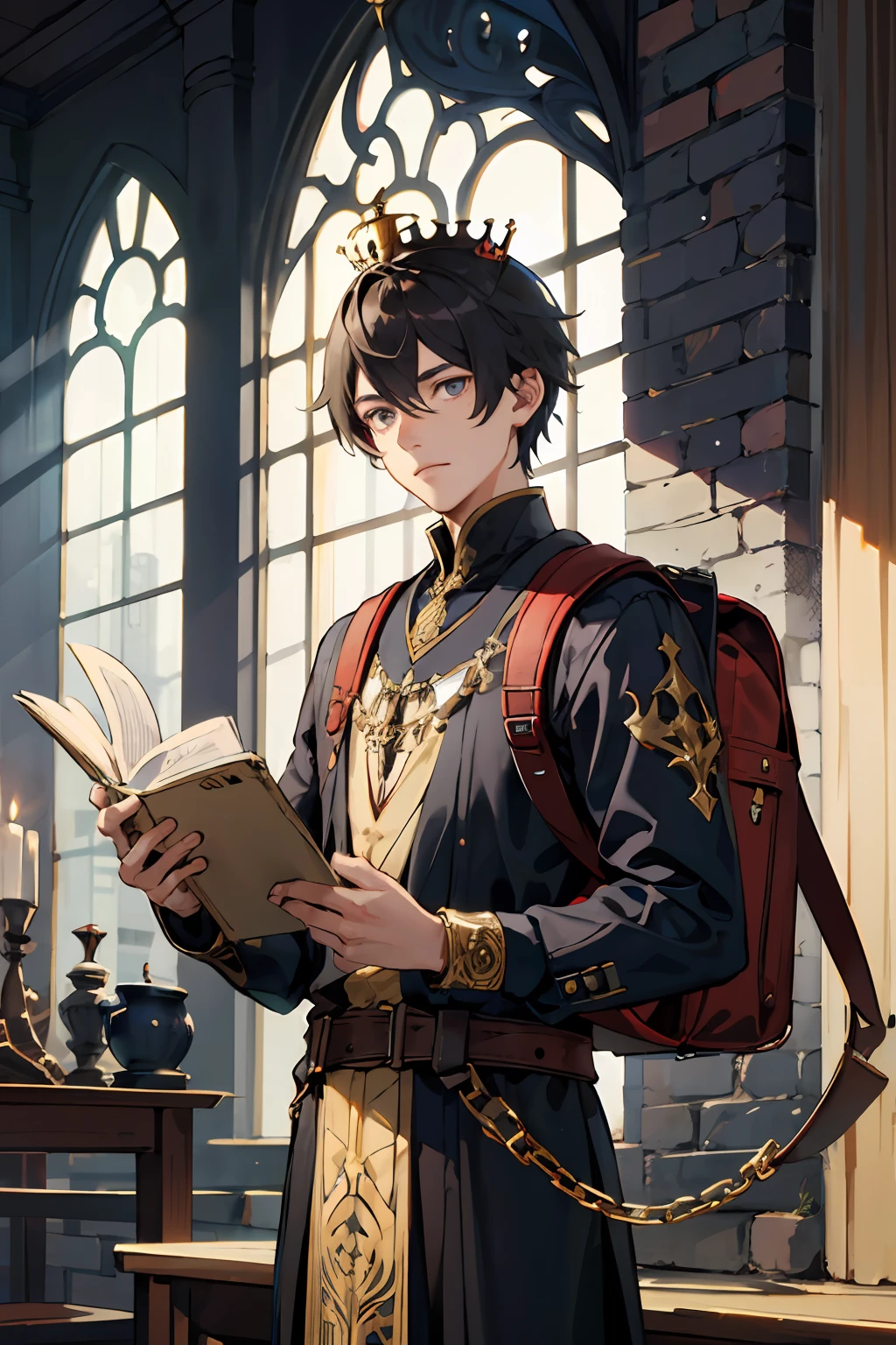 masterpiece, best quality, 1 male, boy, short and slim, handsome, finely detailed eyes, intricate details, wizard, golden crown, backpack with scrolls of different spells, fantasy city