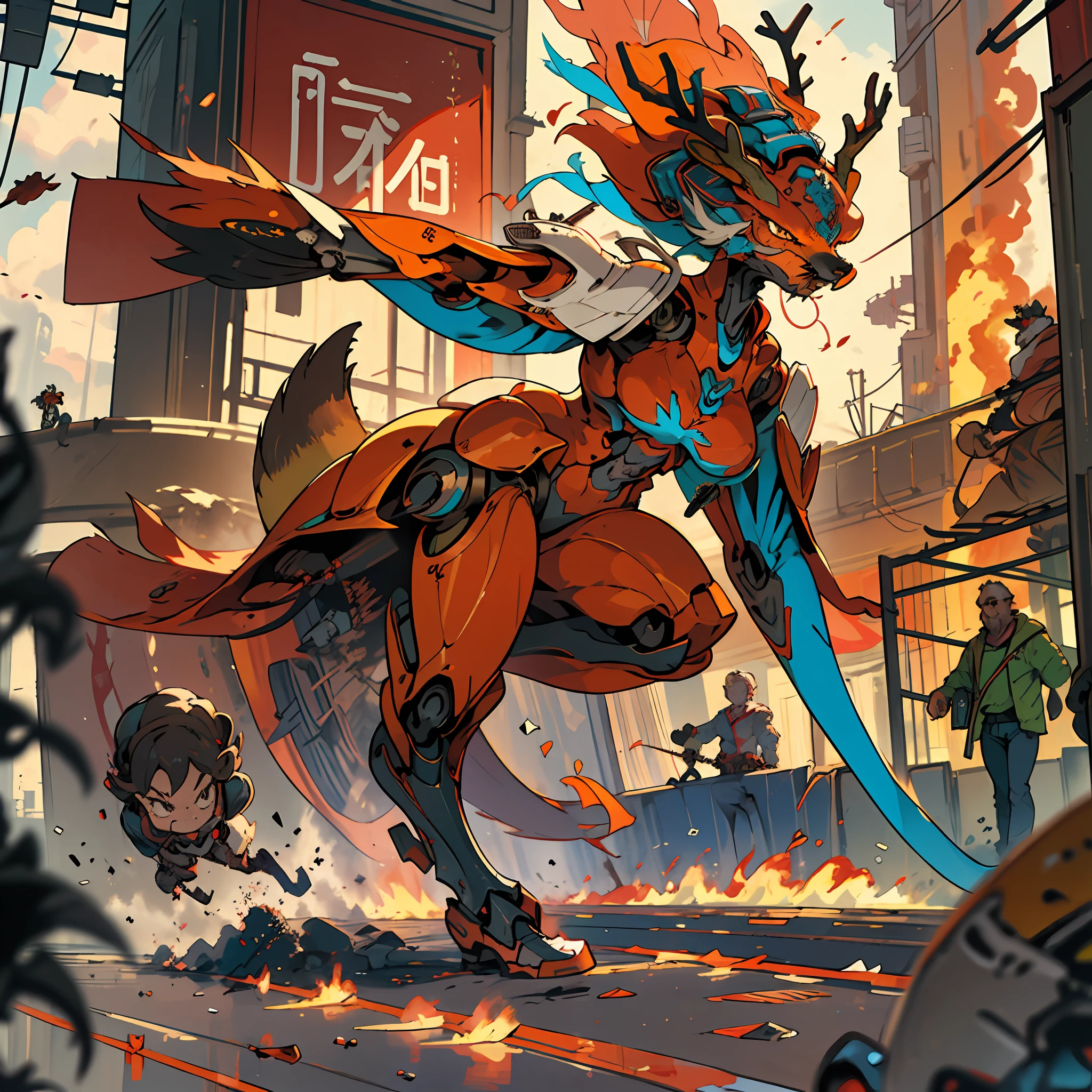 A mechanical， mechs， 1girl huge large breasts， 独奏，  length hair， contours， scientific fiction， head piece，exploding，com fagulhas de fogo，deer antlers，Long fox tail，Full body photo，actionpose ，dynamic blur，Storytelling images，a poster for the movie，（English text 1.5）