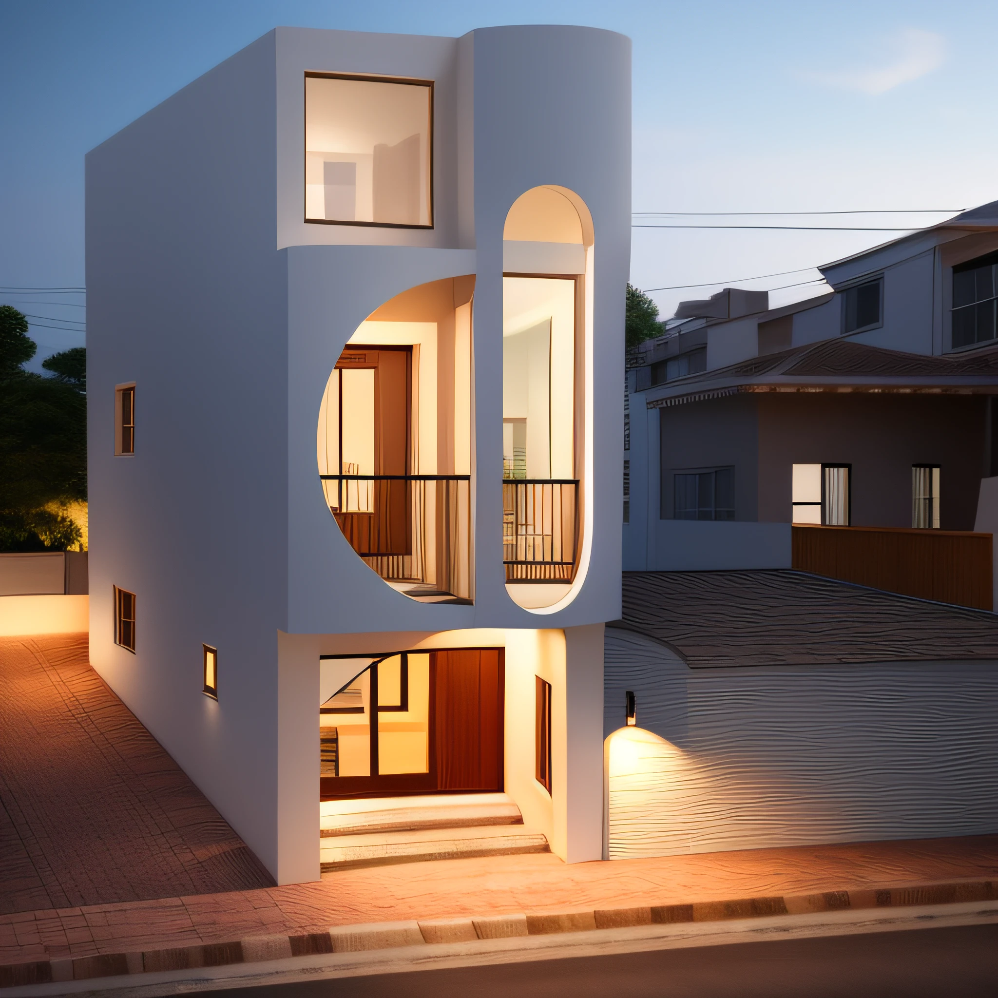 (Townhouse in city ,close houses and trees), daylight ( best quality) ((high solution)) ,(( photo realistic)) ,warm light, (sharp focus) front view of townhouse in style of modern,small house, Narrow area,VietNam,facade, curved arch,beautiful facade,curved windown,narrow and long ,two-storey,mutual colours, soft lighting, warm atmosphere,high Resolution, hyper detailed,4k ,vray render, octane render, hyper realistic, photography expert ,exterior design , professional photography, exterior photography,wide-angle shot , ultra detail , high Resolution , full frame, full body