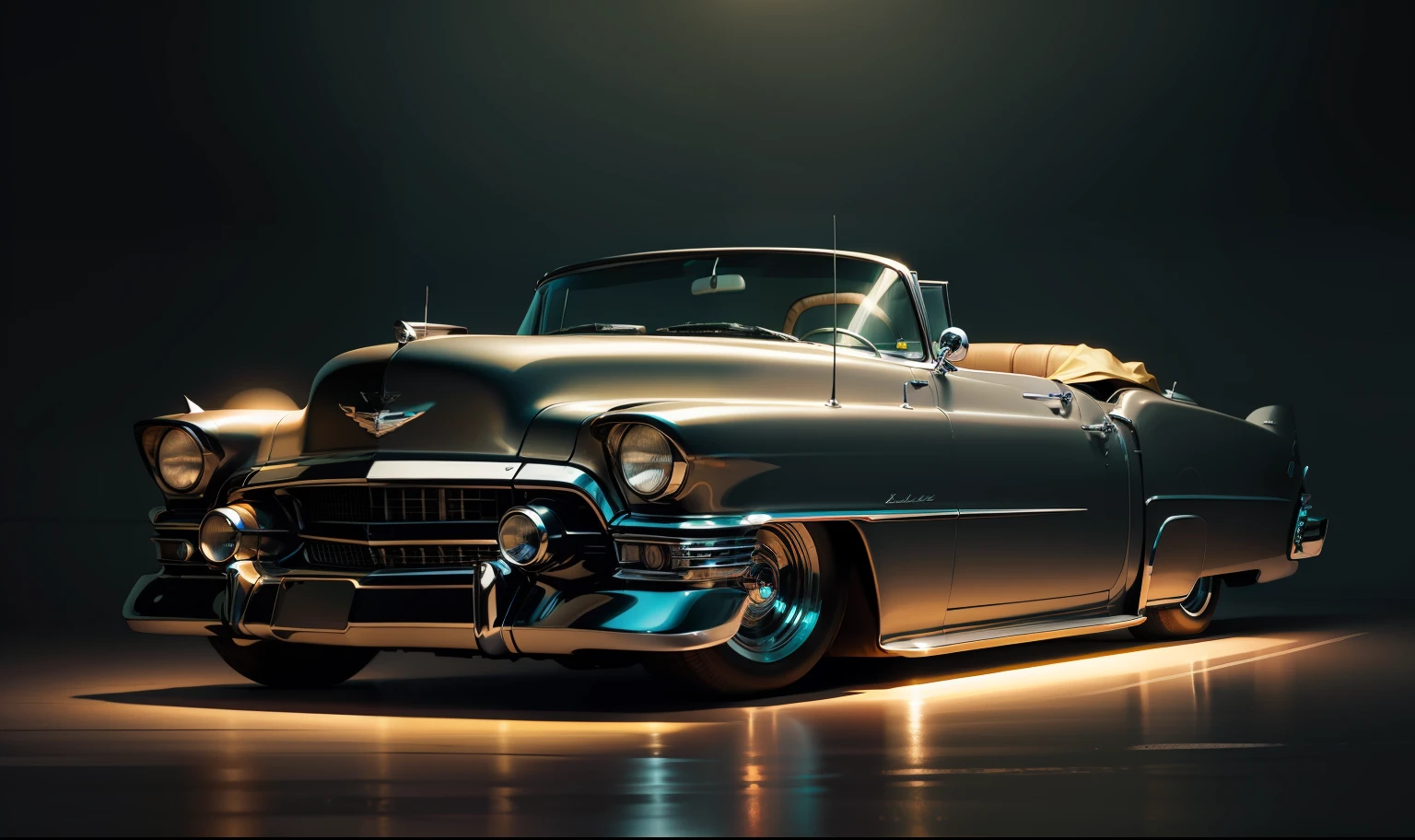 Black Cadillac Eldorado 1956 convertible , realistic, hd, cyberpunk in cybercity at night, 32K --auto