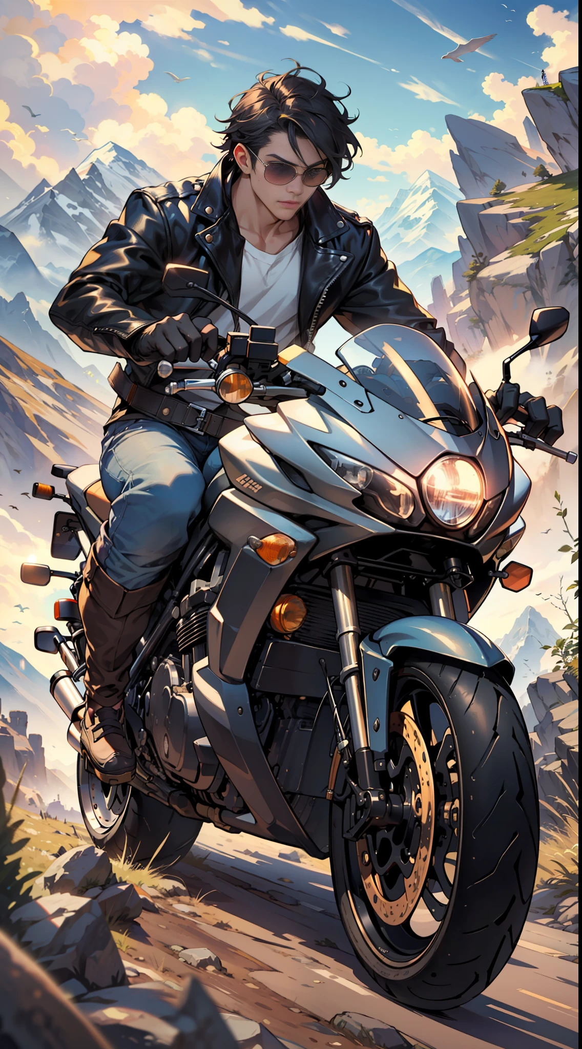 ((Best Quority)), ((Verism)), ((a masterpiece of)),cinmatic lighting,Dark boy,A cool boy drives a motorcycle through the wilderness。He wears a leather jacket、Sunglasses and leather gloves,Every muscle seemed to emphasize his strength and courage。He felt the wind blow,It is surrounded by vast natural scenery and mountains in the distance,Embodies an independent and adventurous spirit。(POV,Cinematic light:1.2)